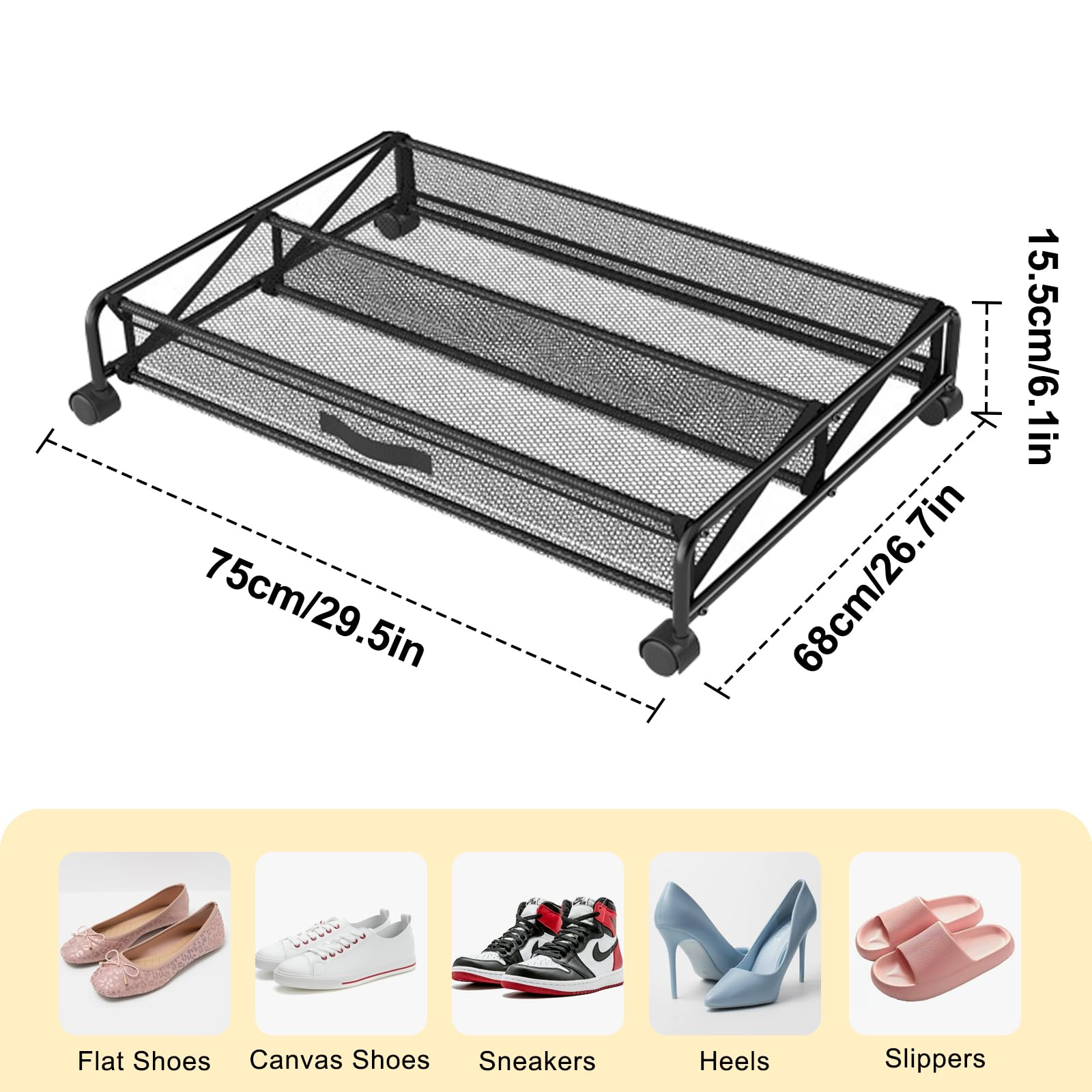 Scarpiera sotto il letto con ruote, 1 confezione da 1 scarpa arrotolabile in metallo e tessuto a rete, salvaspazio, sotto il letto, scarpiera per la camera da letto
