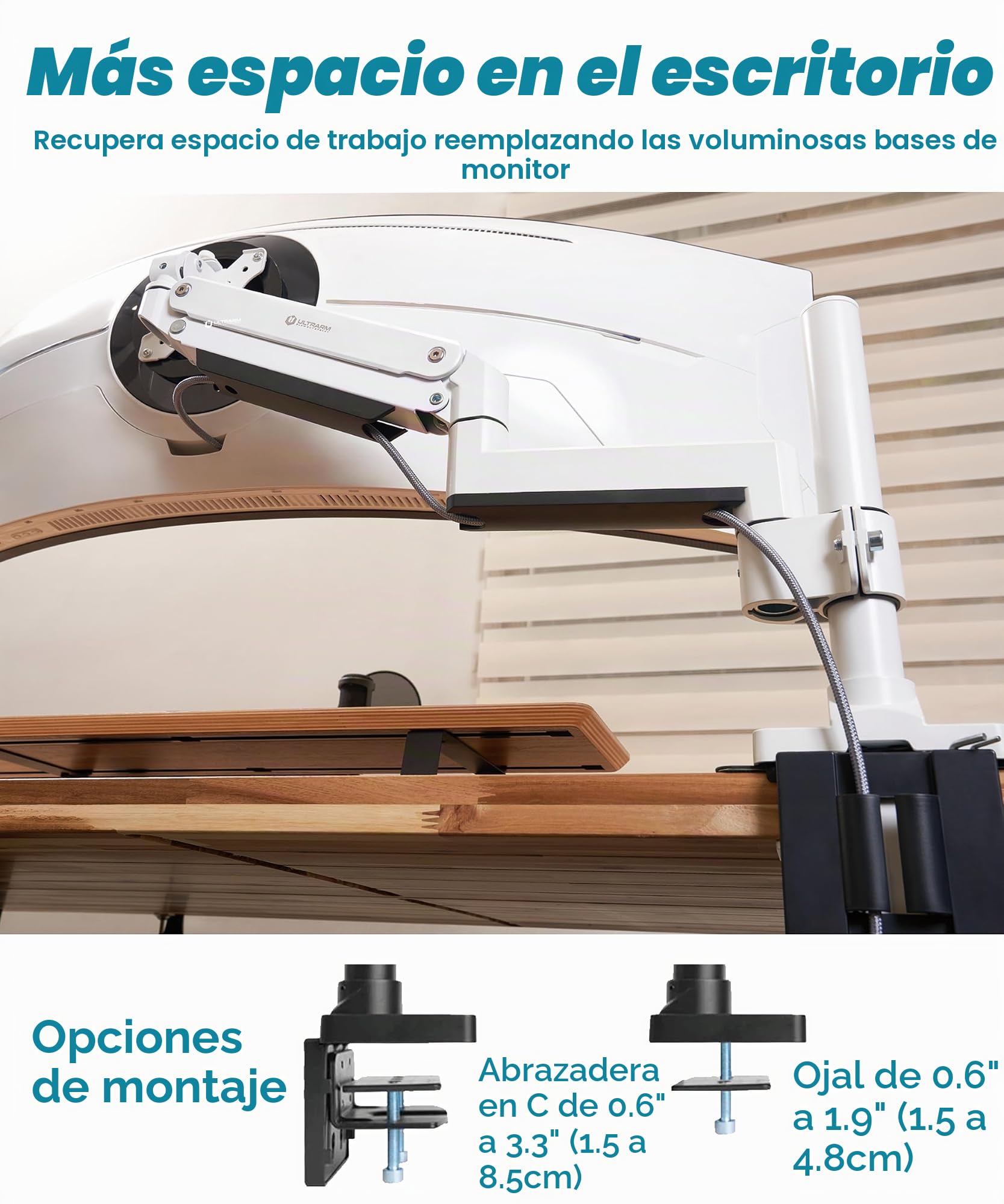 ULTRARM Brazo para Monitor Curvo ultrawide, Resistente, diseño Modular | Máx. 57", 20 kg, pantallas 900R, VESA 100x100, altura ajustable neumática, pinza C y pasacables, Blanco, MA20PW-S