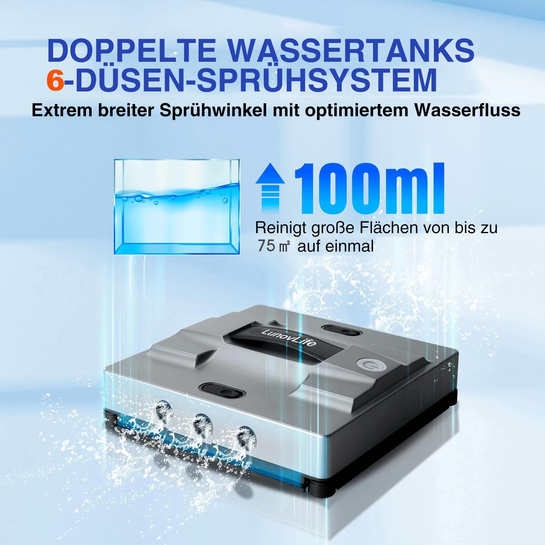 Fensterputzroboter 5600Pa mit 6-Düsen Sprühsystem, Fenstersauger für rahmenlose Fenster, App & Fernbedienung, Automatischer Fensterreiniger, 22.5x22.5x6.5cm