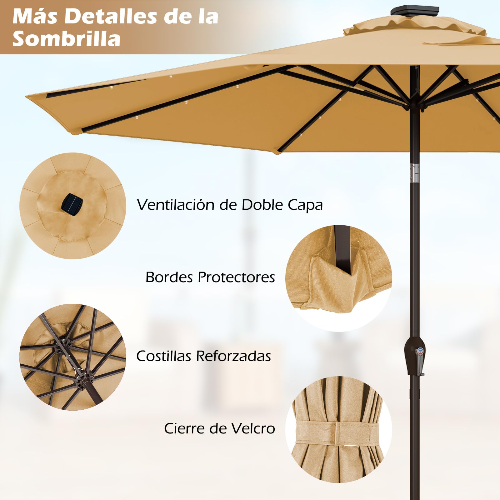 COSTWAY Ø300 cm Sombrilla Terraza Exterior, Parasol Terraza Exterior Plegable con 24 Luces LED Solar, Manivela y 8 Varillas de Metal, Protección UV, Impermeable, para Terraza, Beige