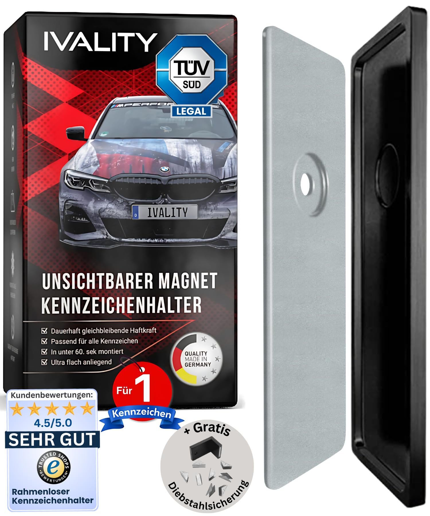 Ivality Magnet Kennzeichenhalter Rahmenlos für 1 Kennzeichen, Unsichtbare Rahmenlose Kennzeichenhalter Magnet für Auto, Wechselkennzeichenhalter Österreich, Straßenzugelassen, TÜV geprüft bis 350 km/h