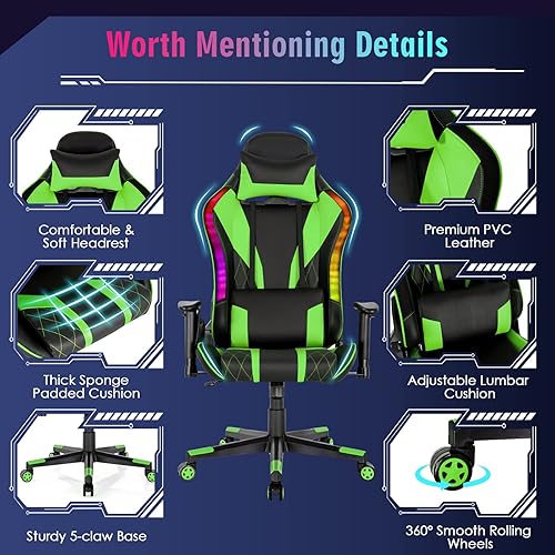 Miniatura 8 de Giantex Silla de juegos con luces LED RGB, silla ergonómica de videojuegos, silla de computadora de cuero de PVC con respaldo alto ajustable con