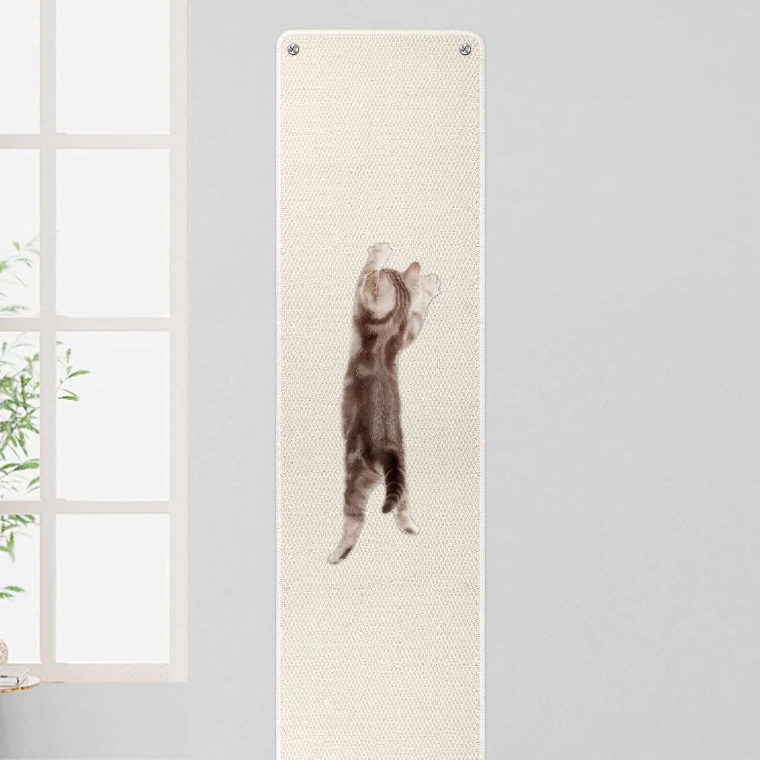 FHTONGE 71x15.8 Thickened Cat Wall Climbing Carpet with 16 Fixed Nails, Extra Large Tall Cat Scratch Pad for Wall, Wall Mounted Climbing Cat Scratcher for Furniture Couch Sofa Protector(MilkyWhite)