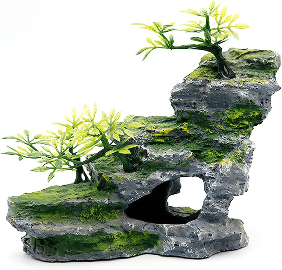 IBWell Aquarium Ornament, Mountain View Stone with Moss Tree Rock Cave Landscape Artificial Fish Tank Decoration