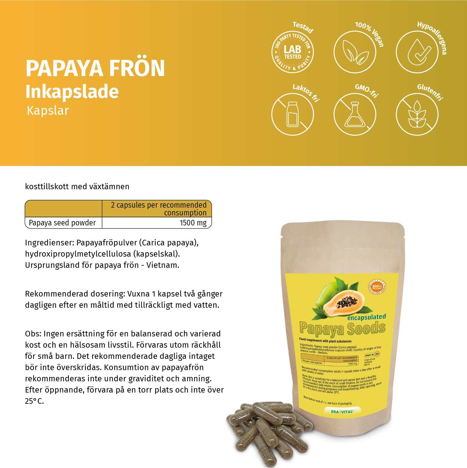 Nasiona papai w kapsułkach, papaja, uwaga: nie są to nasiona hybrydowe, surowa żywność wegańska (270 szt. (1 opakowanie))
