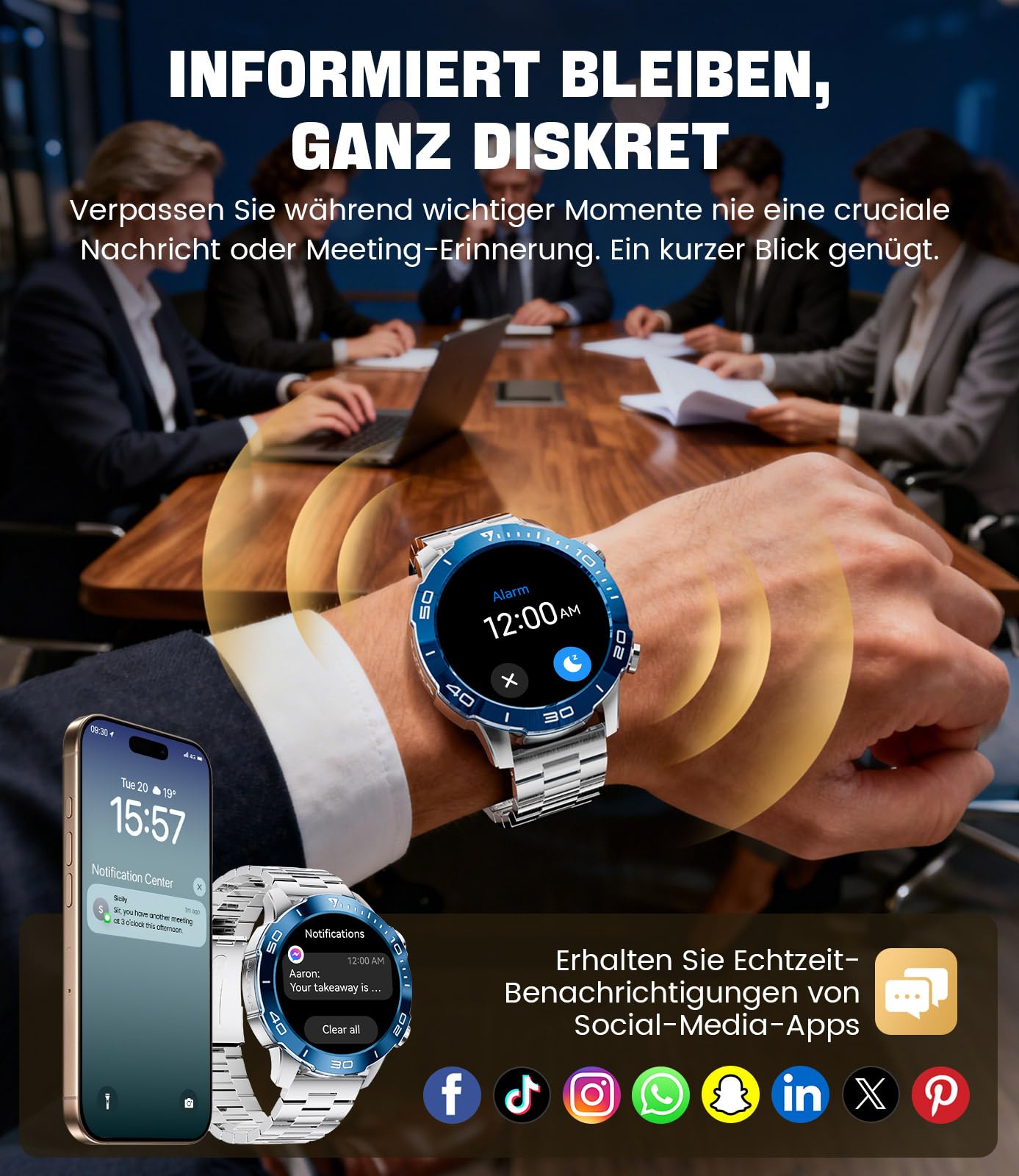LIGE Smartwatch Herren mit Telefonfunktion, AMOLED Smart Watch für Android/iOS, IP68 Wasserdicht, 24/7 Herzfrequenz/Schlafmonitor, 170+ Sports, 300+ Zifferblätter, Silbernem Gehäuse & Blauer Blende