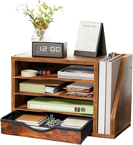Organizador de archivos de escritorio de madera con 4 estantes, clasificador de correo con cajón, soporte de papel de escritorio de oficina, marrón