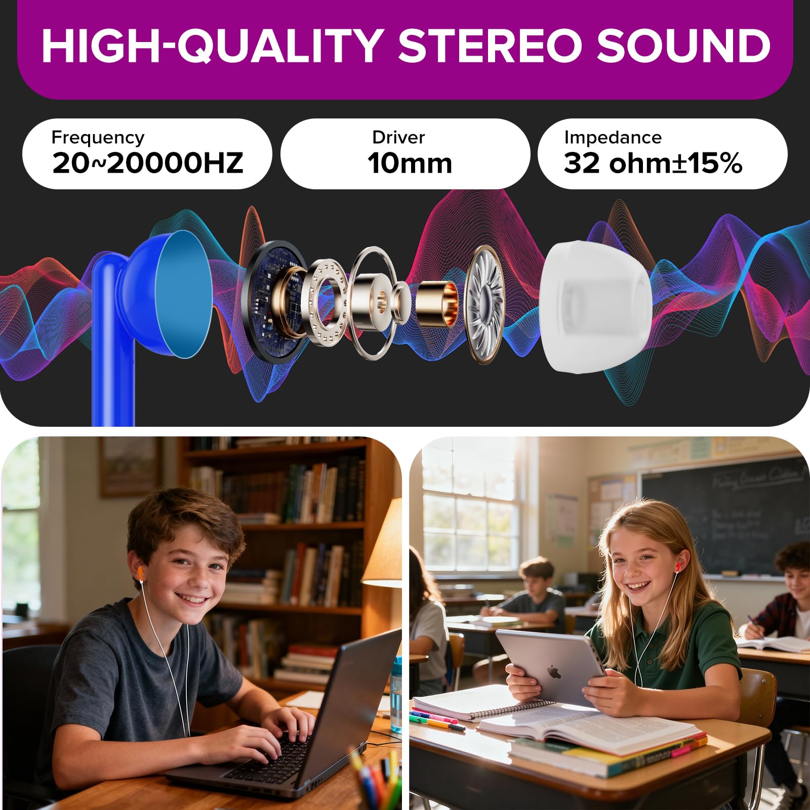 Confezione da 50 auricolari per bambini, per scuola, scuola, biblioteca, studenti, bambini, ragazzi, ragazze, adulti, multicolore, confezionati singolarmente, jack da 3,5 mm (YS001)