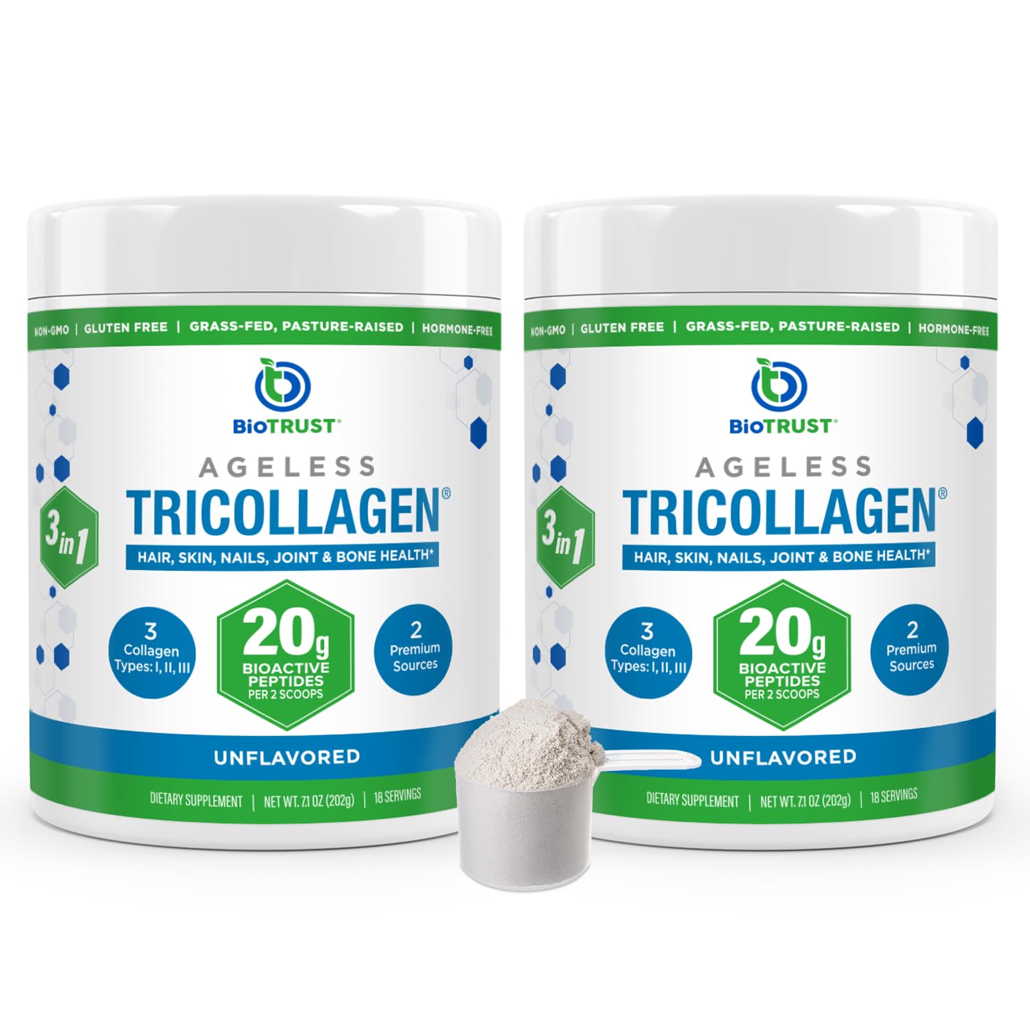 BioTrust Tri Collagen Powder - 3-in-1 Hydrolyzed Collagen Peptides Powder (Types I, II, & III) - Grass Fed Collagen Protein Powder for Anti Aging, Skin, Hair, Bone & Joint Health - Unflavored, 2-Pack