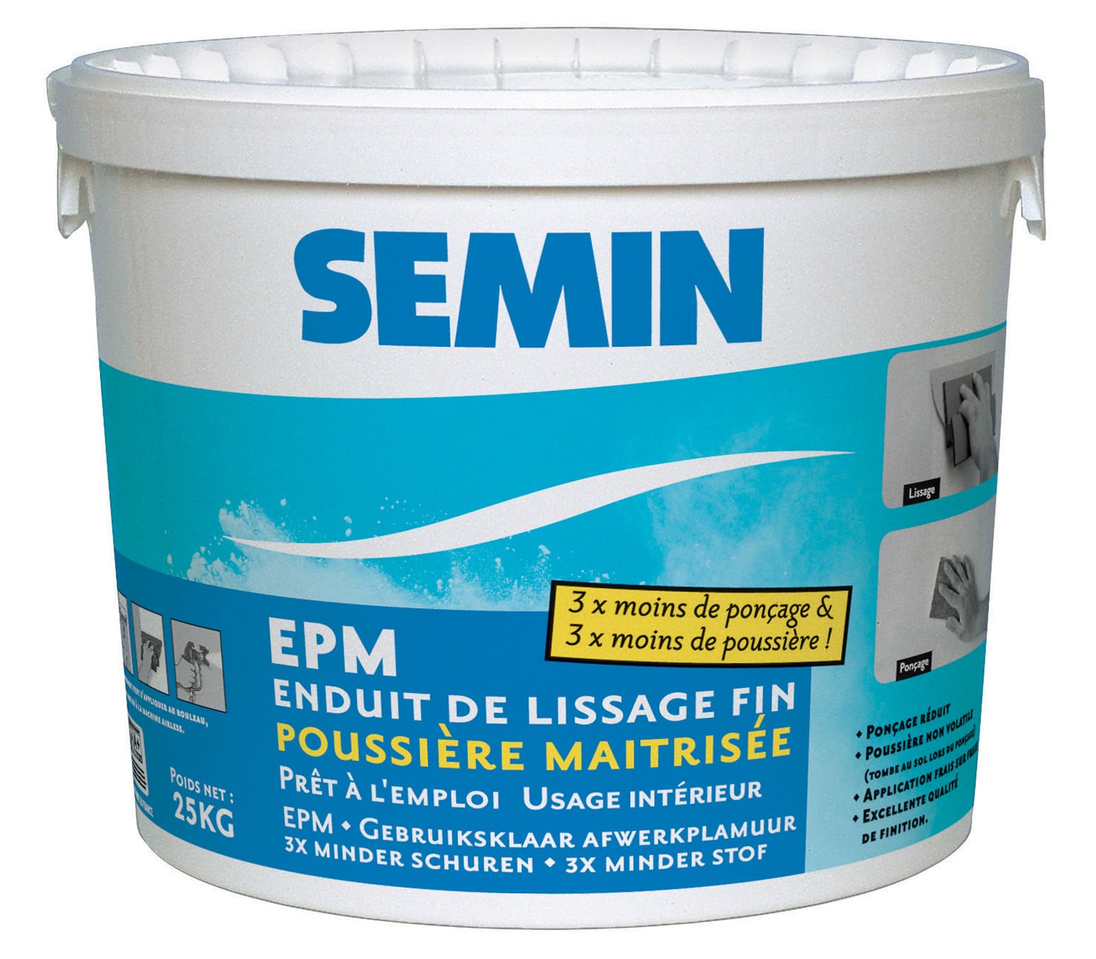 SEMIN Enduit de Lissage 25 kg Prêt à l'Emploi – Finition Murs et Plafonds Intérieurs – Poussière Maîtrisée – Ponçage Réduit – Excellente Qualité de Finition – Fabrication Française