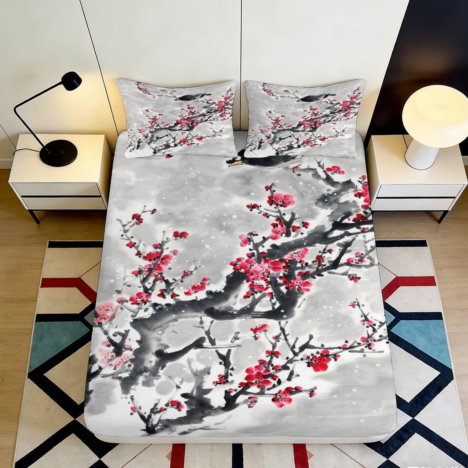 3D Printed Cherry Blossom Fitted Sheet Microfiber Soft Breathable Plum Flower Bed Cover for Bedroom Dormitory Guest Room Mattress Protection 160x200x25cm