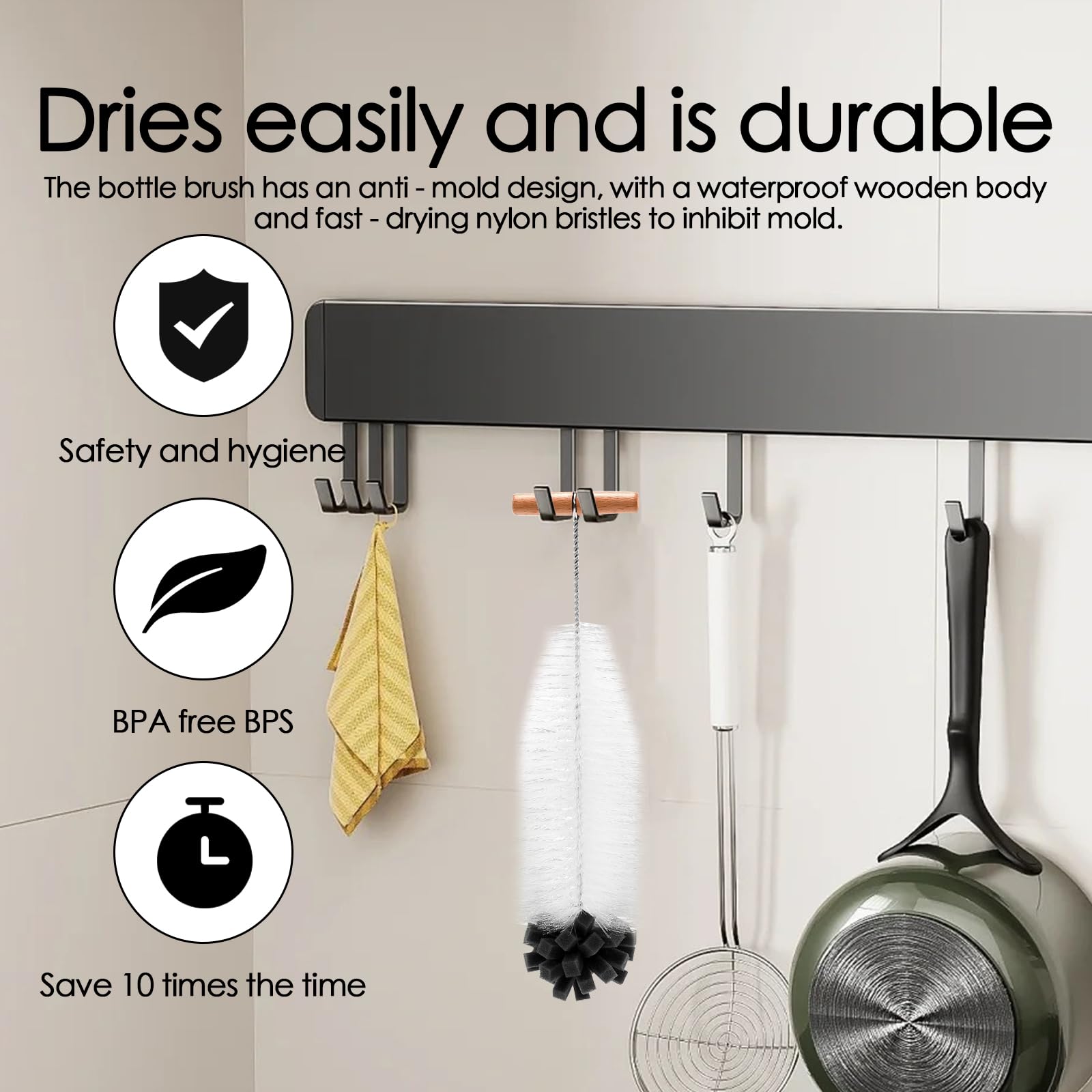 Cepillo para botellas, 35 cm, cepillo para botella compatible con SodaStream, limpieza profunda vidrio/biberón, escoba angular antiarañazos con mango de madera, cepillo denso para suciedad obstinada