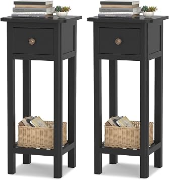 Narrow End Table, Tall Nightstands Set of 2 with Drawer & Shelf, Slim Bedside Tables w/Anti-Tipping Device, No Assembly, Wooden Small Side Table for Small Space, Living Room, Bedroom, Black