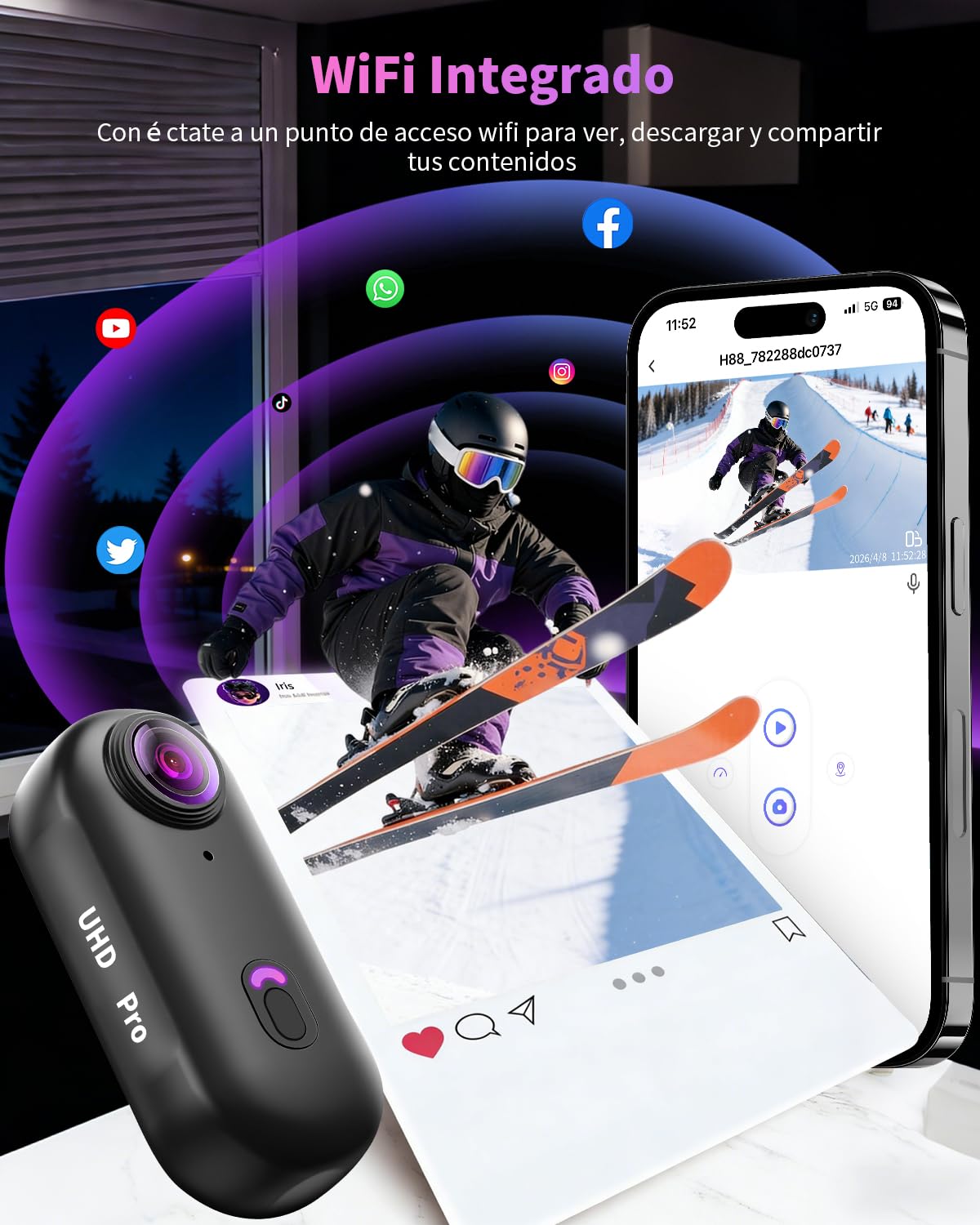 Mini Cámara Deportiva 4K, Cámara de Acción Casco Moto WiFi, 120° Camara Corporal POV, Subacuática 30m, Varios Accesorios para Ciclismo, Viajes, Mascotas, Caminatas, Deportes y Vlogging