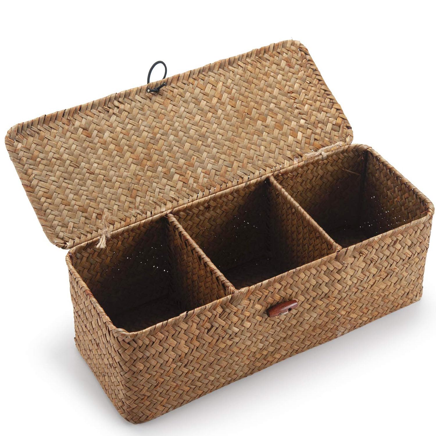 Toilet Tank Basket with Lid, Seagrass Storage Basket for Bathroom Wicker Woven Bathroom Organizer with 3 Compartments, Large
