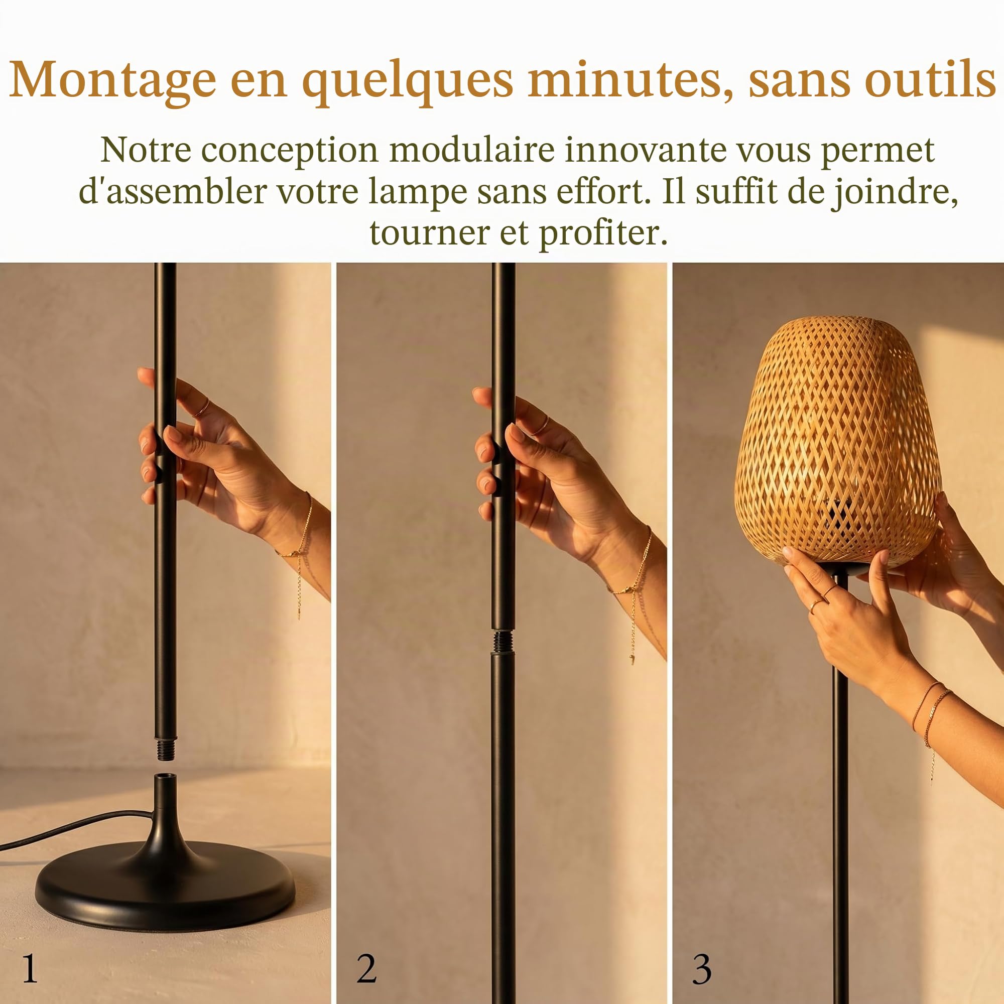 BARCELONA LED Lampadaire NIKKO en Rotin avec Douille E27, Lampe sur Pied Style Bohème Naturel, Abat-Jour Tressé Artisanal, Structure Métal Noir, Éclairage d’Ambiance pour Salon Chambre Salle à Manger