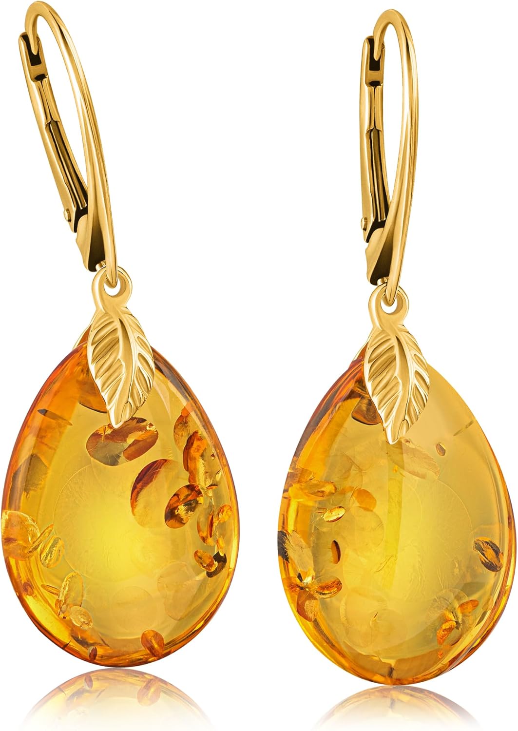 Leverback Earrings for Women – Gold-Plated 925 Silver Drop Earrings with Natural Yellow Baltic Amber Piece, Lightweight Jewelry with Secure Closure for Everyday Elegance
