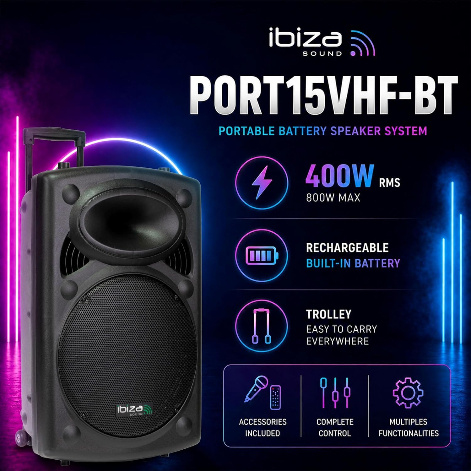 Ibiza Sound Enceinte Sono Portable 15" 800W Batterie Bluetooth Karaoké 3 Micros VHF Main Tête, Support Pied