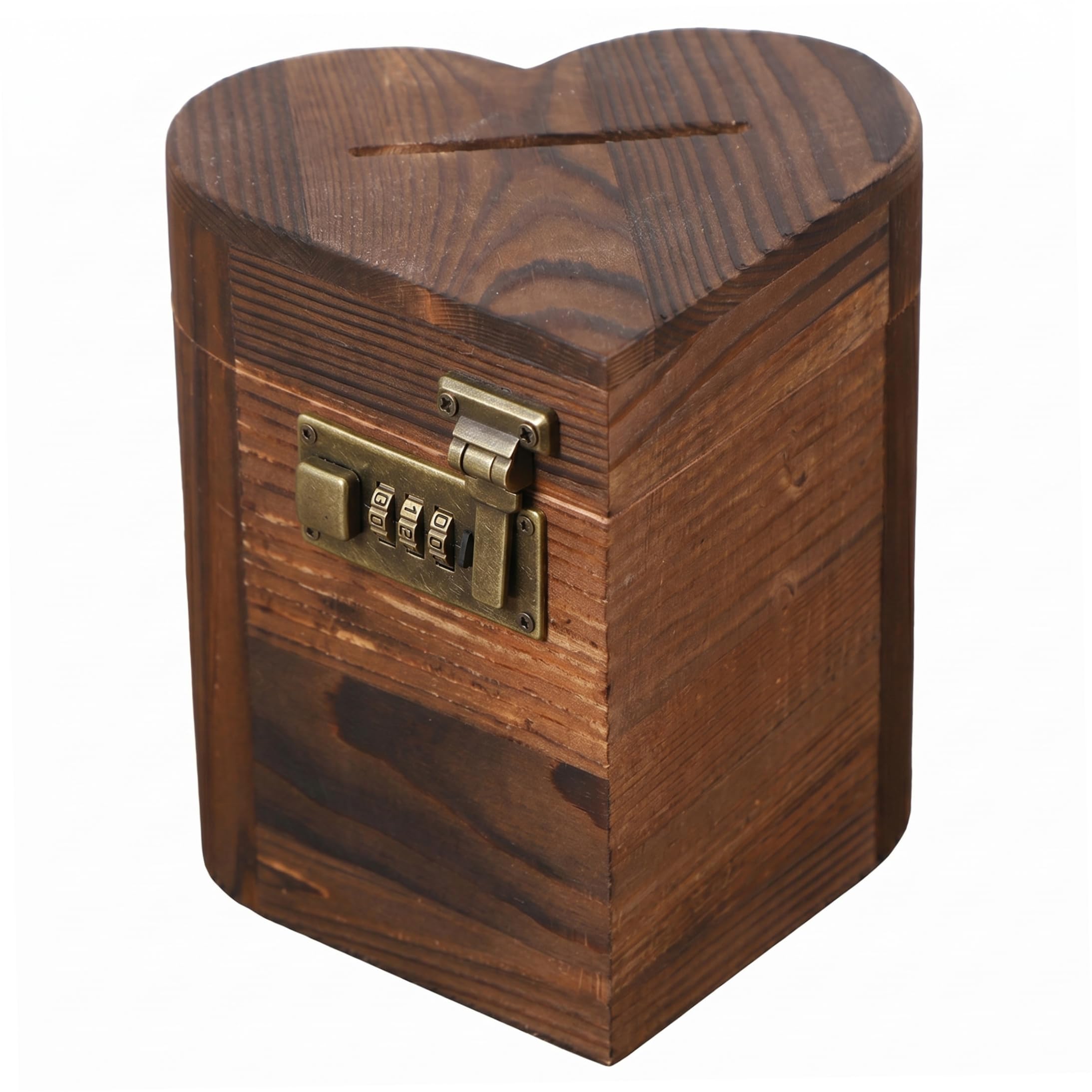 Bemonew Piggy Bank with Lock Wooden Money Saving Box, Heart-Shaped Wooden Keepsake Box with Lock Wood for Coin, Cash, Jewelry, Secret, 6in