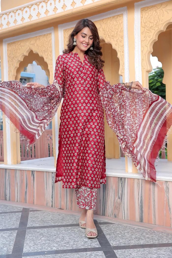 Leriya Fashion Floral Dresses For Women & Kurta Set With Dupatta For Women, Straight Kurties (Medium, Red)