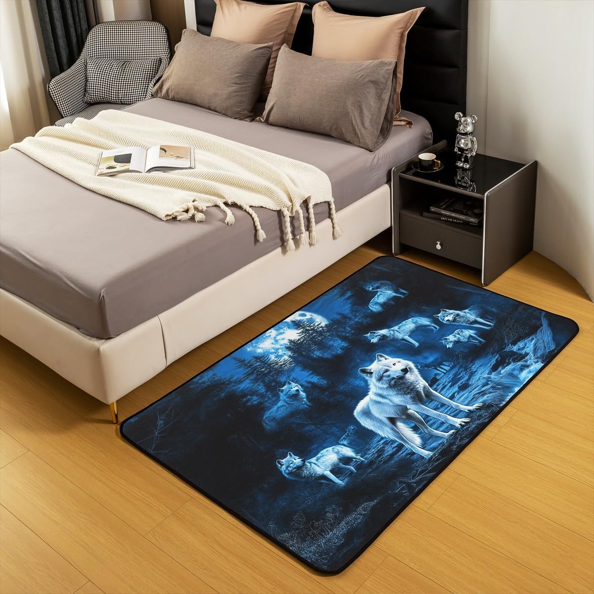 jejeloiu Wolf Area Rug 3x5 Wolves Howling Rugs for Living Room Bedroom Animal Wolves Decorative Carpet Mountain Forest Animals Indoor Floor Mat Black Grey Accent Rug