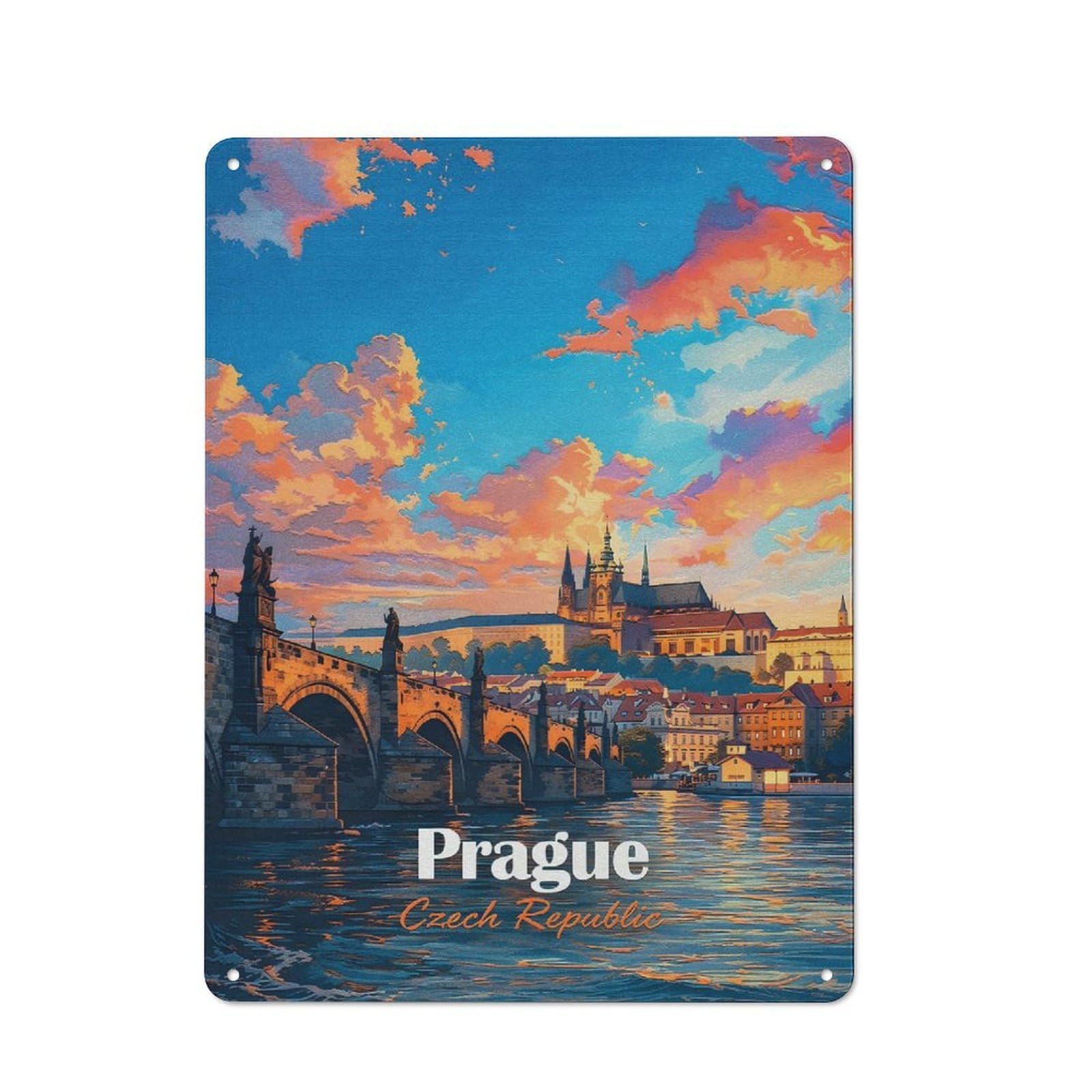 Junmoney Style-9 Prague Czech Republic Cityscape Painting Vintage Metal Wall Decor 40X30cm, Tin Sign For Cafe, Pub, Workshop Or Home Bar, Small Accent For Blank Walls