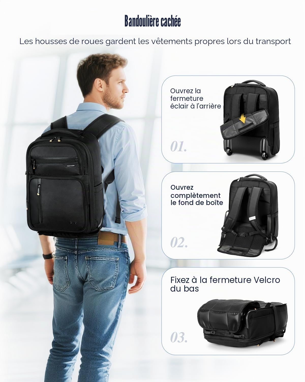 Sac à Dos à roulettes - pour Ordinateur Portable 15,6 Pouces pour Adultes avec roulettes Sac à Dos pour Ordinateur Portable résistant à l'eau, approuvé par Les autorités aériennes