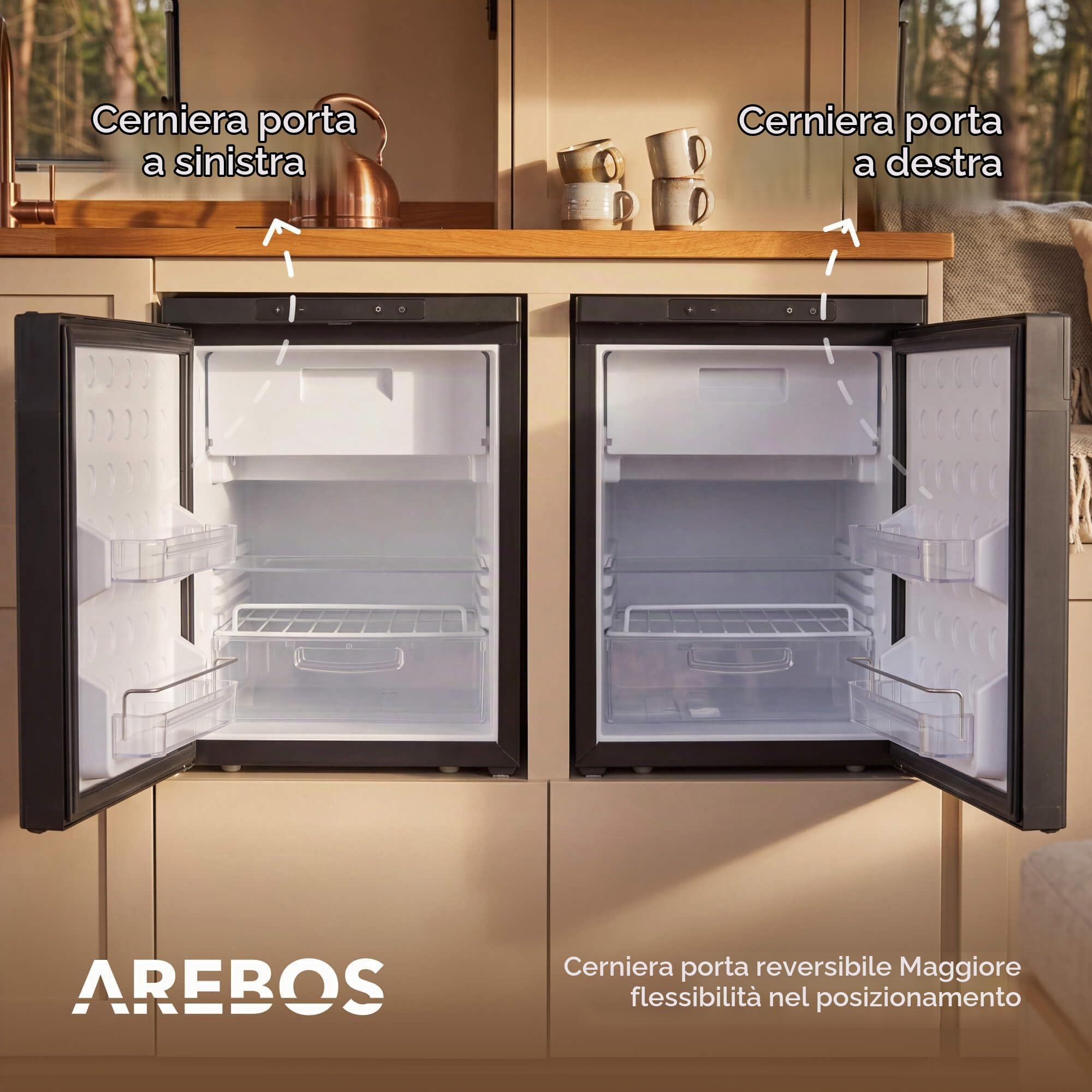 Arebos Frigorifero a Compressore per Camper 50L con Scomparto Congelatore | Controllo APP | 12V/24V | Fino a -20°C | Porta Reversibile | Frigorifero per Camper, Van, Auto e Camion