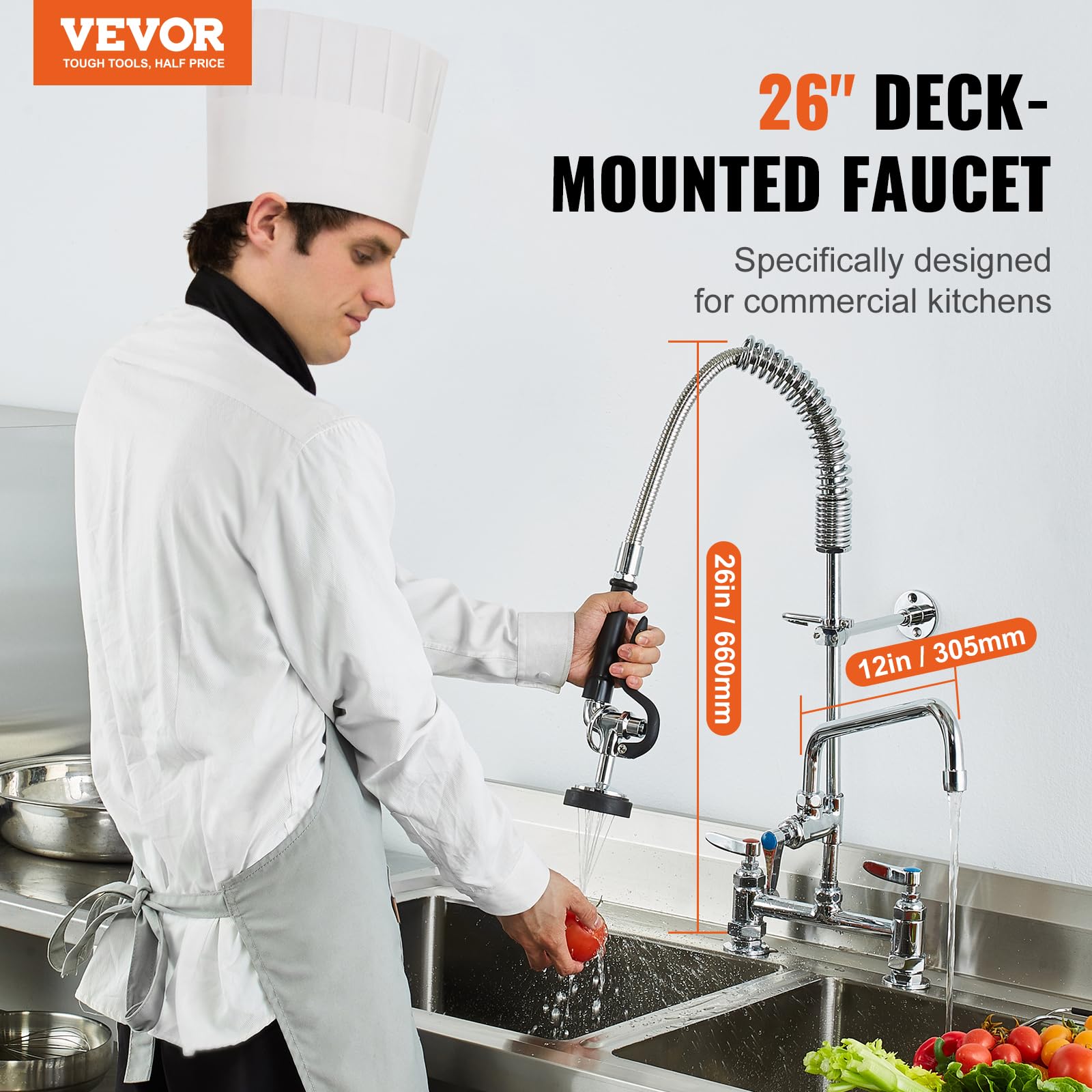 VEVOR Robinet de Cuisine Commercial avec Pulvérisateur de Pré-rinçage, Mitigeur avec Douchette Extractible, 660 mm de Haut, Entraxe 203 mm, Bec Pivotant 305 mm, Montage sur Pont, pour Évier Rstaurant