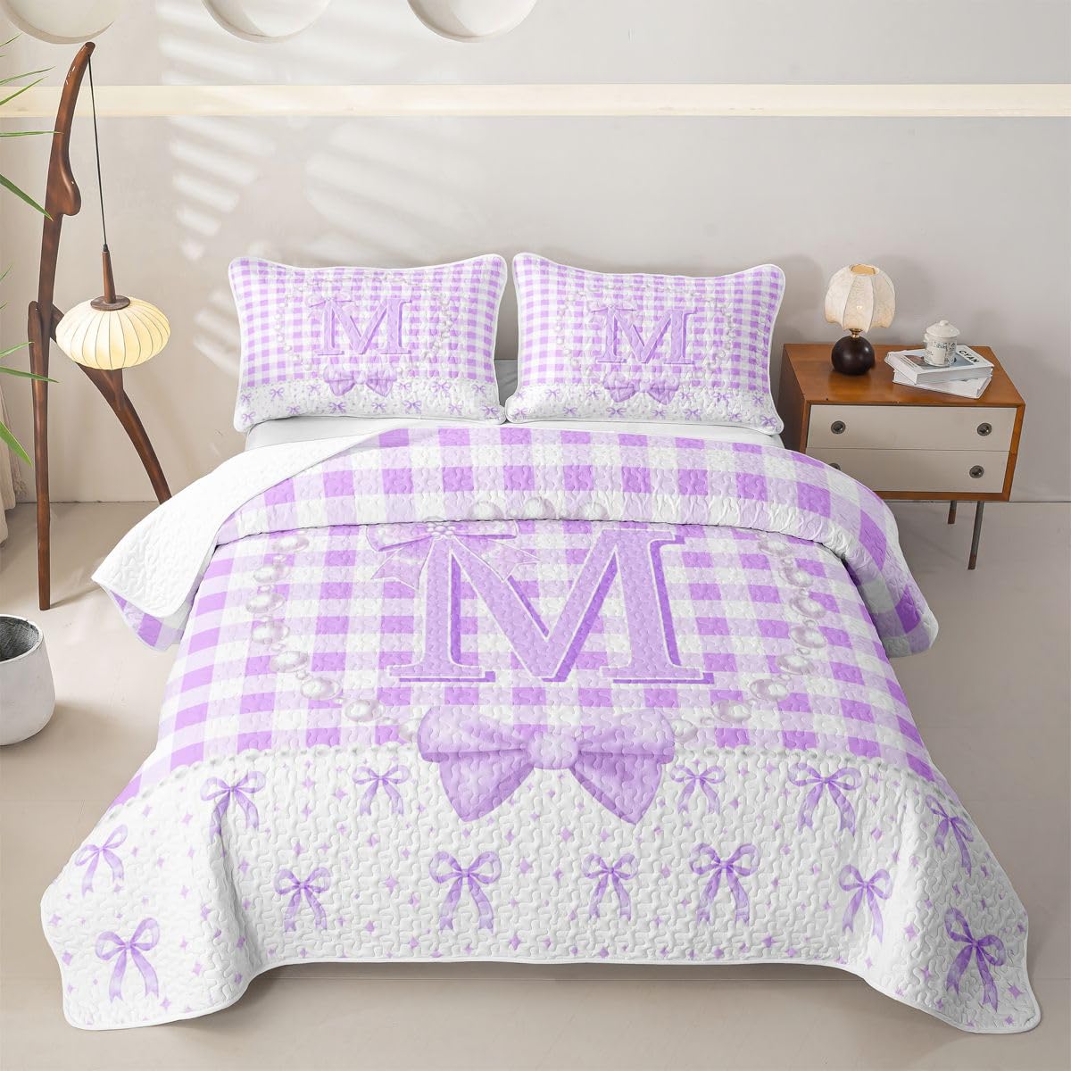 Homewish Lila Karo Schleife Check Bettüberwurf 170x210cm