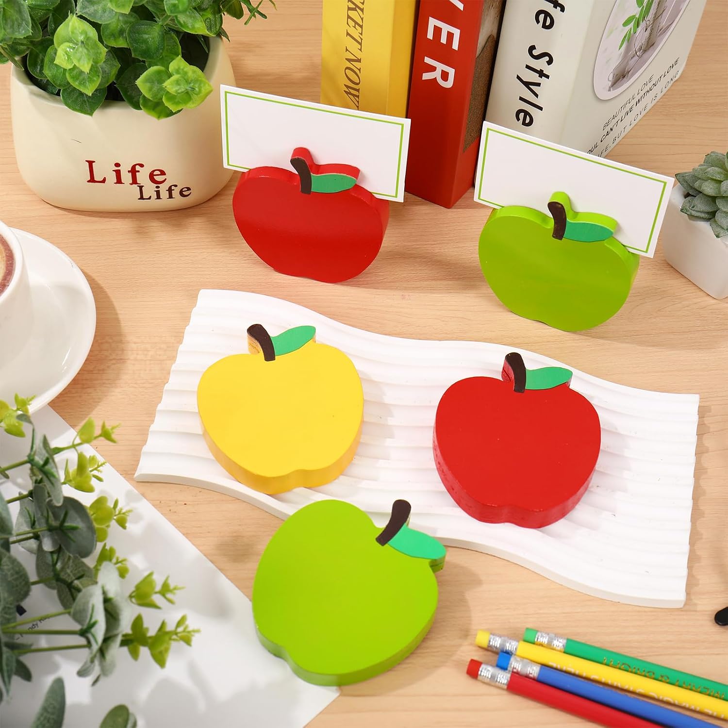 JarThenaAMCS 12 Pcs Back to School Apple Wooden Place Card Holders with Name Cards First Day of School Yellow Red Green Apple Table Number Holder Display Stand for Classroom Party Setting Supplies