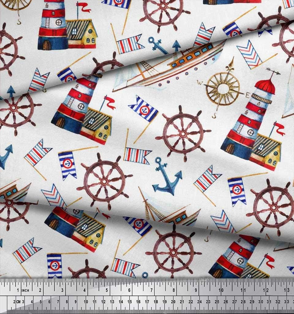Soimoi Japan Crepe Red Fabric - by The Yard - 42 Inch Wide - Ship, Wheel & Anchor Hook Nautical Cloth - Seafaring Trio for Fashion and Decor Printed Fabric image 3