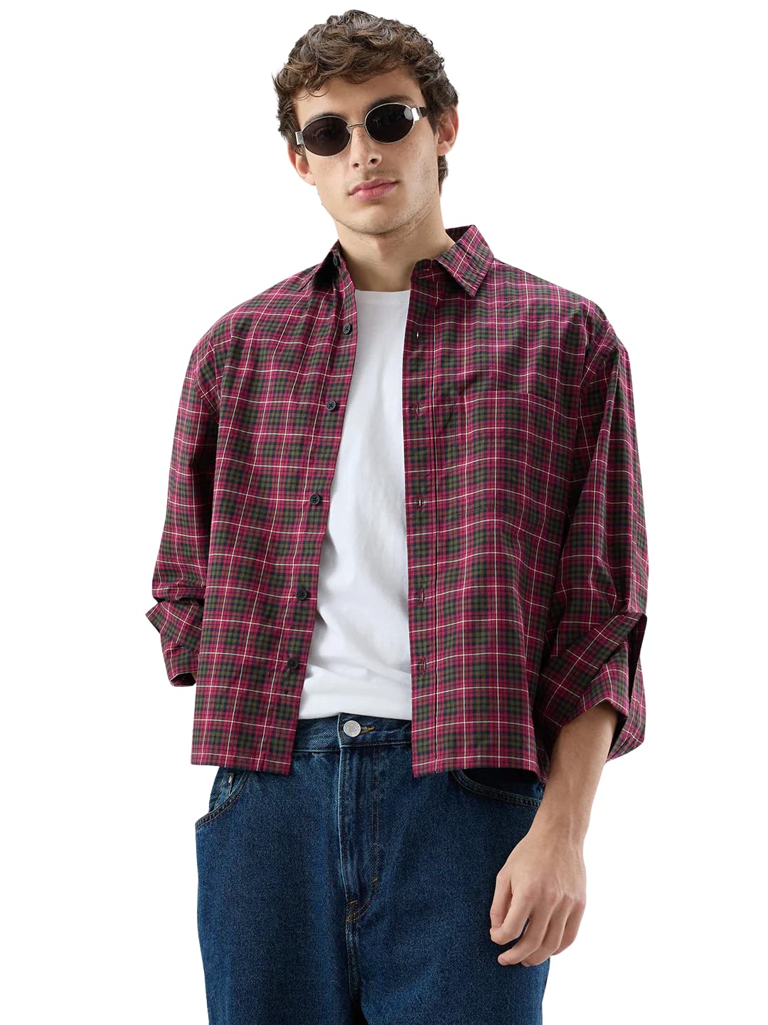 Pink & Olive Plaid Checks Cuffless Oversized Crop Shirt-image-30
