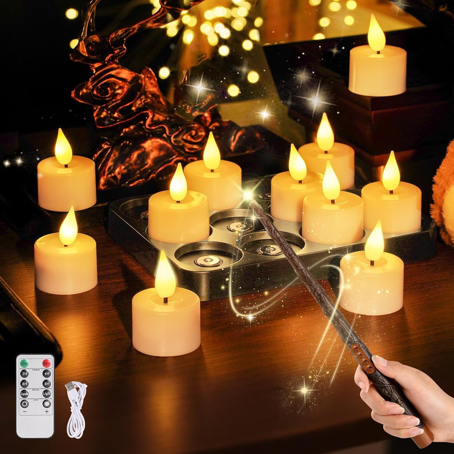 led teelichter Flammenlose kerzen aufladbar mit Zauberstab fernbedienung timer,12pcs aufladbare teelichter mit ladestation für Zimmer Wohnzimmer Halloween Kürbis Weihnachten Party Deko