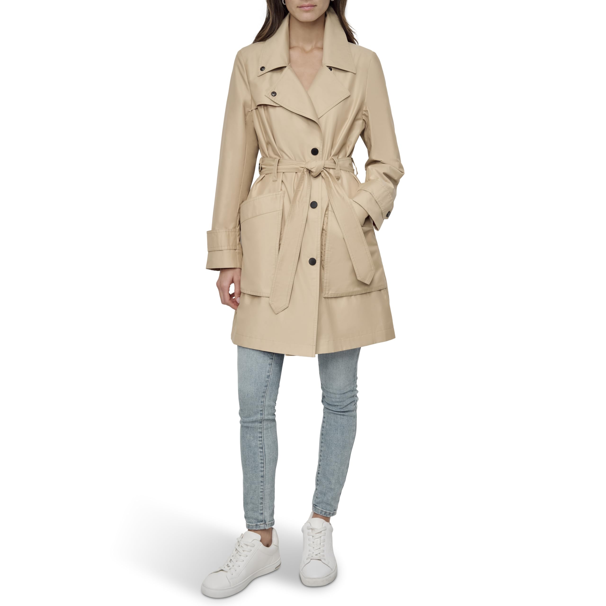 DKNY Womens Water Resistant Belted Trench Coat