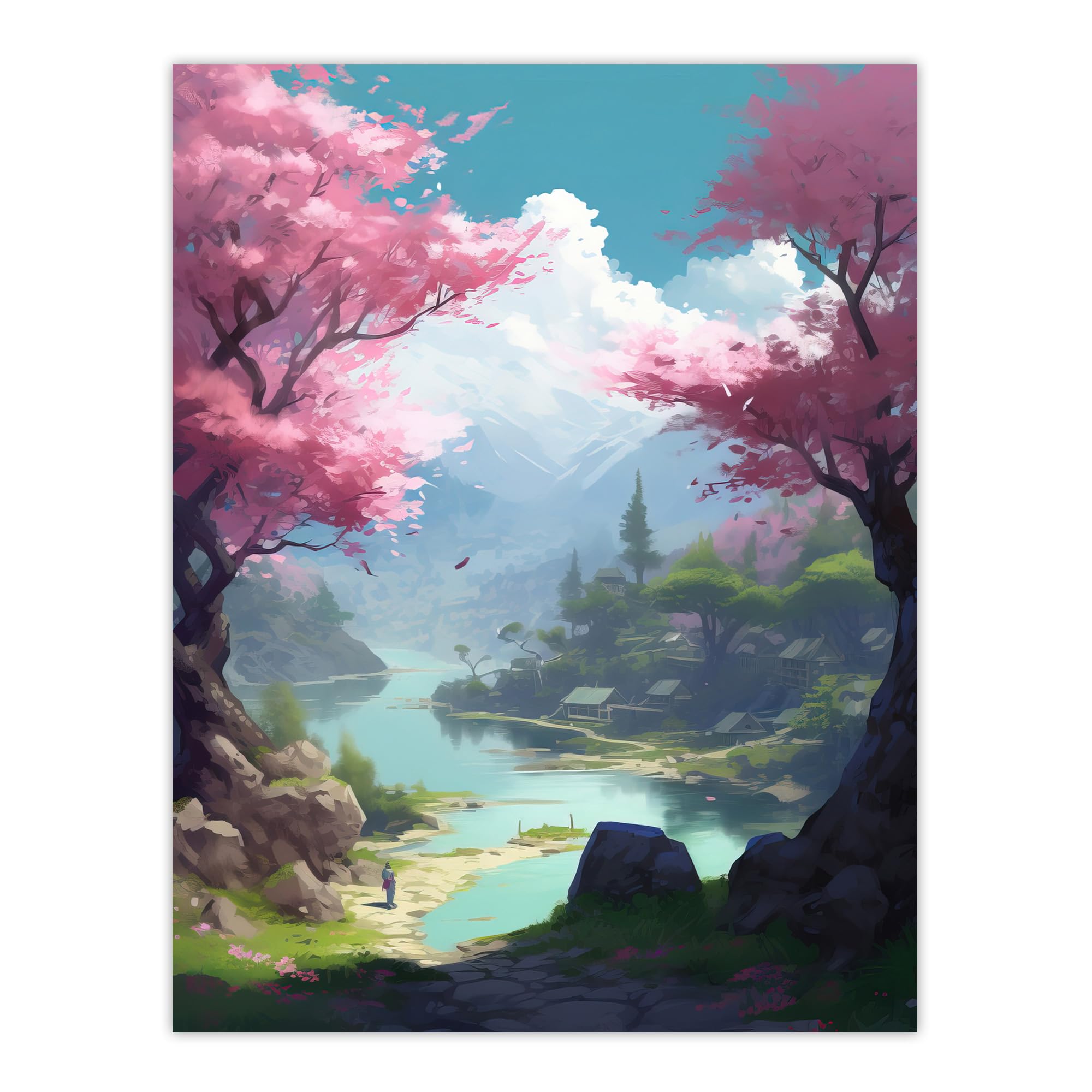 Artery8 Cherry Blossoms in Springtime Painting Blooming Pink Trees in Tranquil Forest Lake Landscape Large Wall Art Poster Print Thick Paper 18X24 Inch