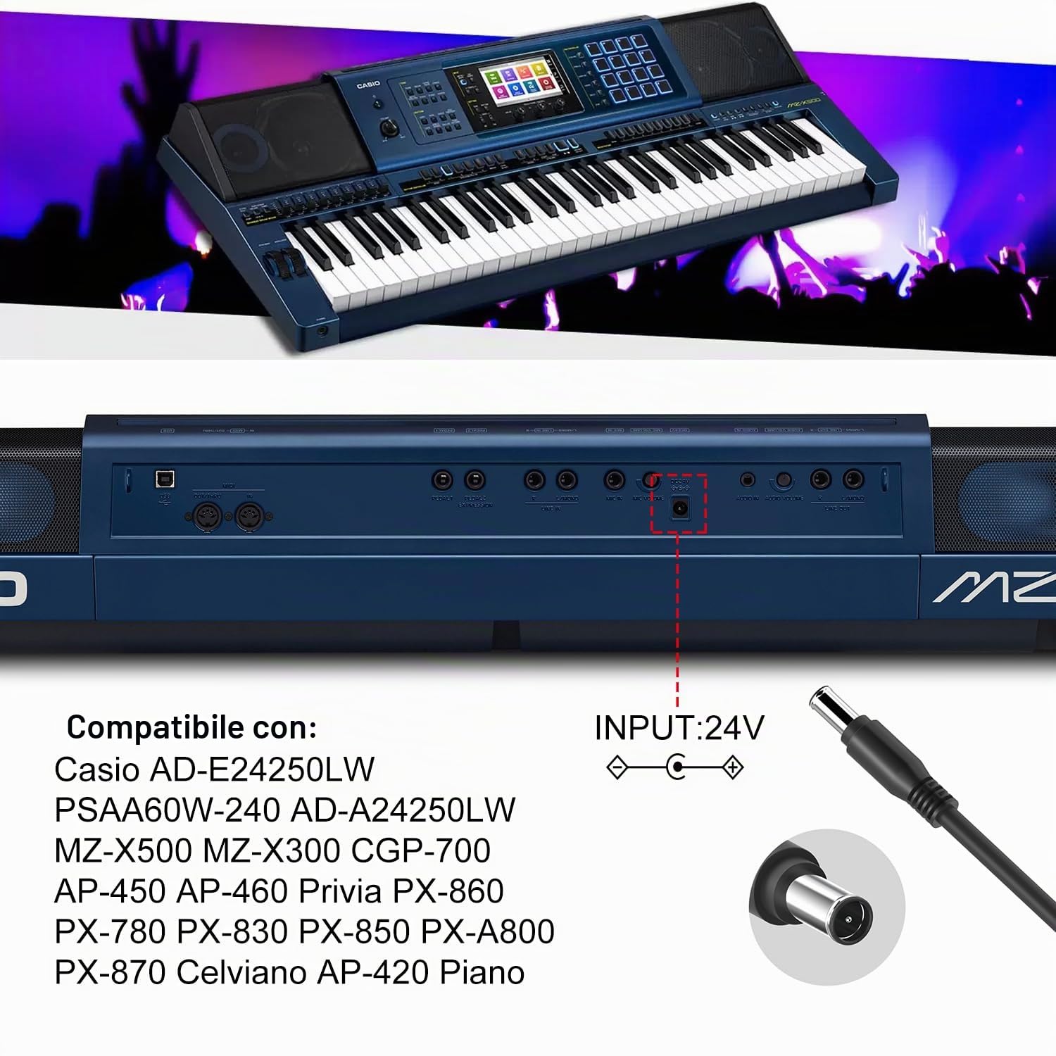 KFD 24V Caricatore Alimentatore per Casio pianoforte AD-E24250LW PSAA60W-240 AD-A24250LW Privia CT-X5000 PX-870 PX-830 PX-850 PX-860 PX-780 MZ-X500 MZ-X30 GP-700 AP-420 AP-450 AP460 Caricabatterie