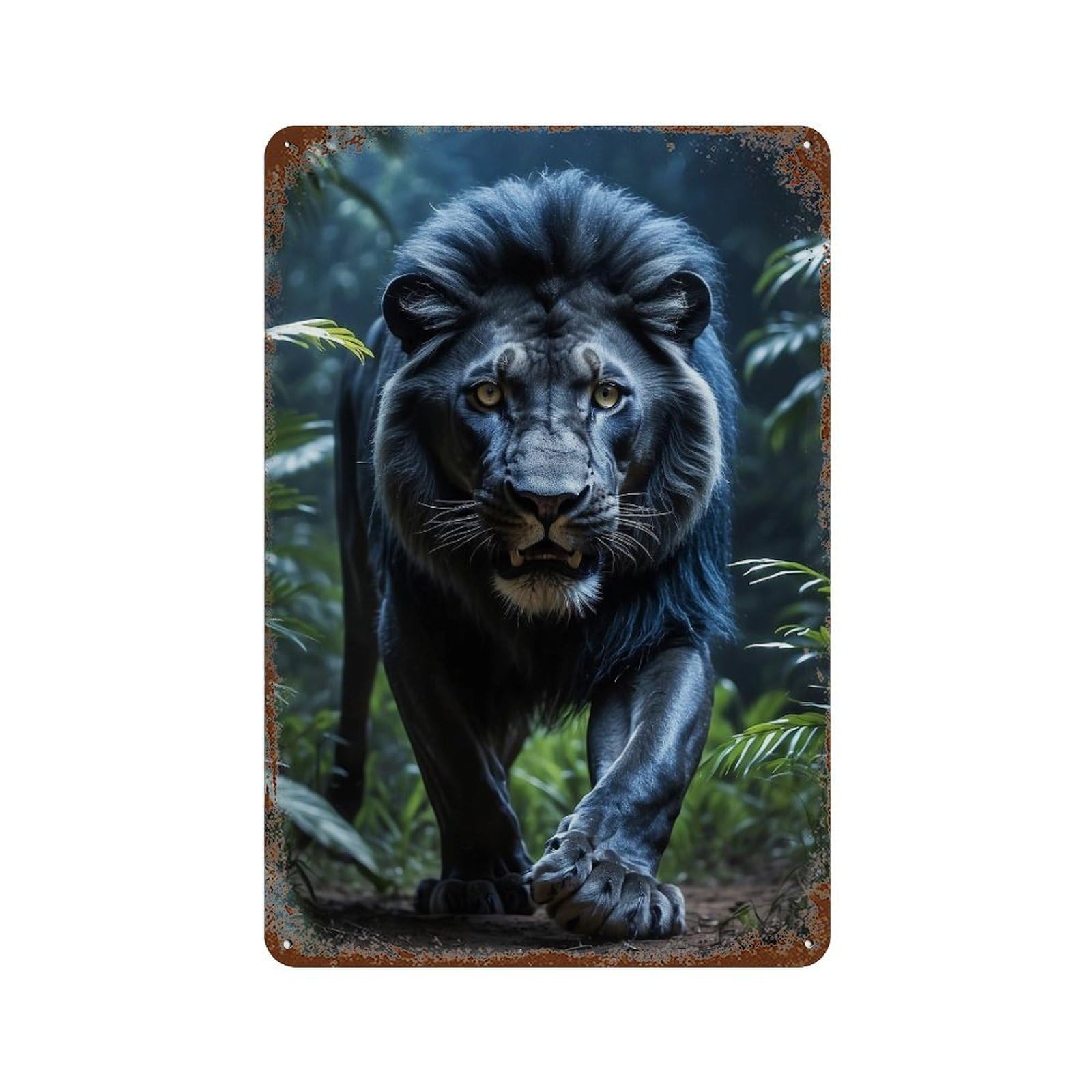 Black Lion in Amazon Rainforest Rustic Tin Plaque 11.8"x7.9", Industrial Home Decor for Pub, Kitchen And Man Cave Decor