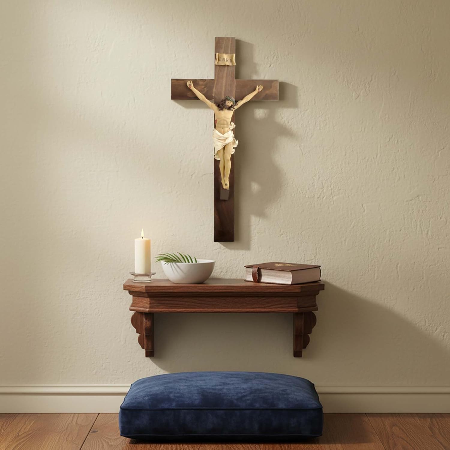 PlentifulHome Large Wall Crucifix – 19” Wooden Cross with Resin Jesus Statue and INRI Plaque, Catholic Christian Wall Decor for Home, Church or Chapel