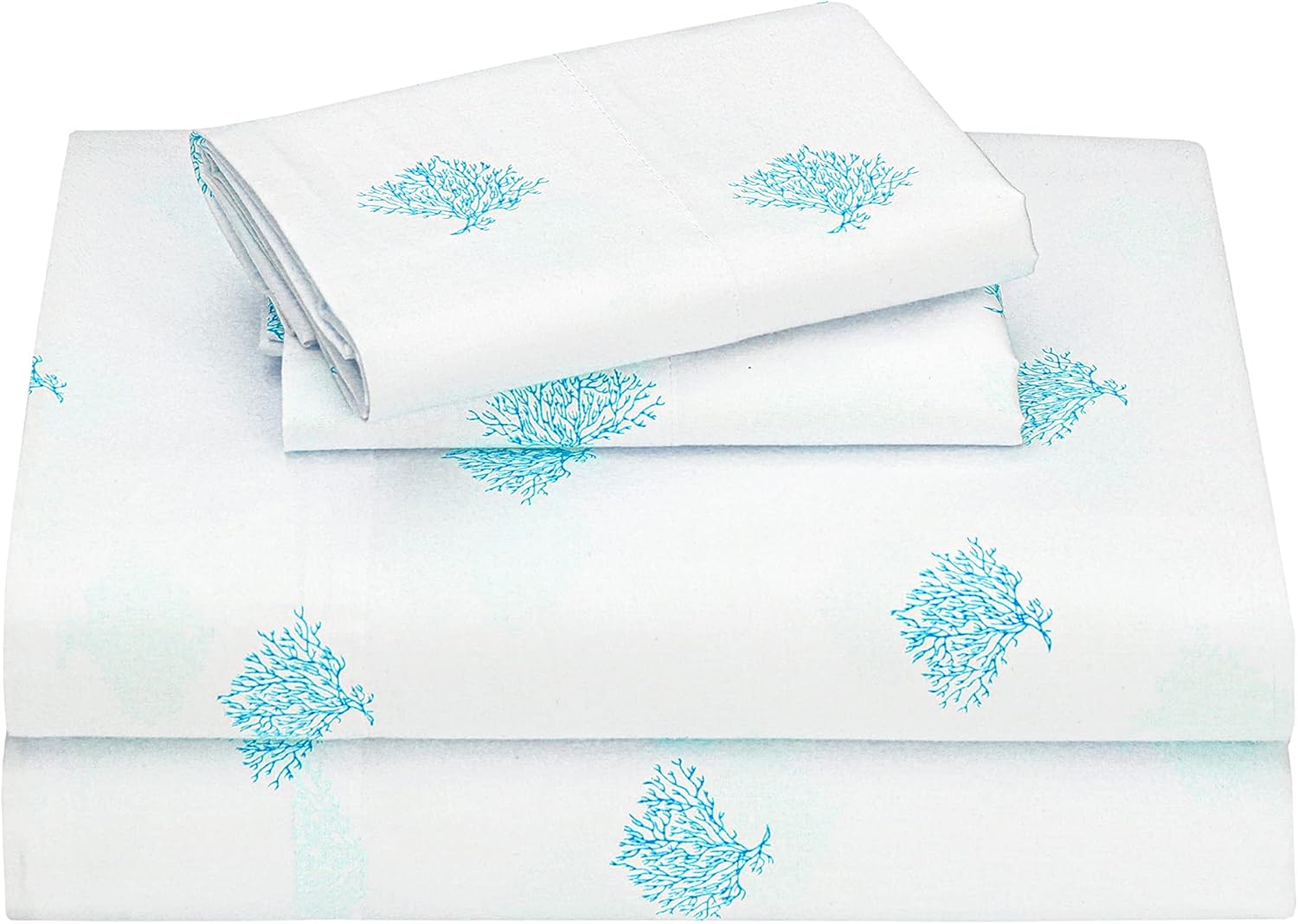 Sleepdown 100% Cotton Sheets Queen Size Bed Set - Soft Crispy Cooling Percale Sheets Queen - Breathable & Durable Queen Sheet Set - 16 Inches Deep Pocket Queen Sheets - 4 Piece, Aqua Queen Bed Sheets Coral Aqua Queen