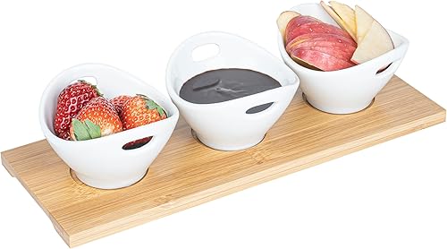 Restaurantware Juego de cuencos de 6 onzas con bandeja, 1 juego de servir lavable en platos que incluye 3 cuencos de porcelana y 1 bandeja de bambú,