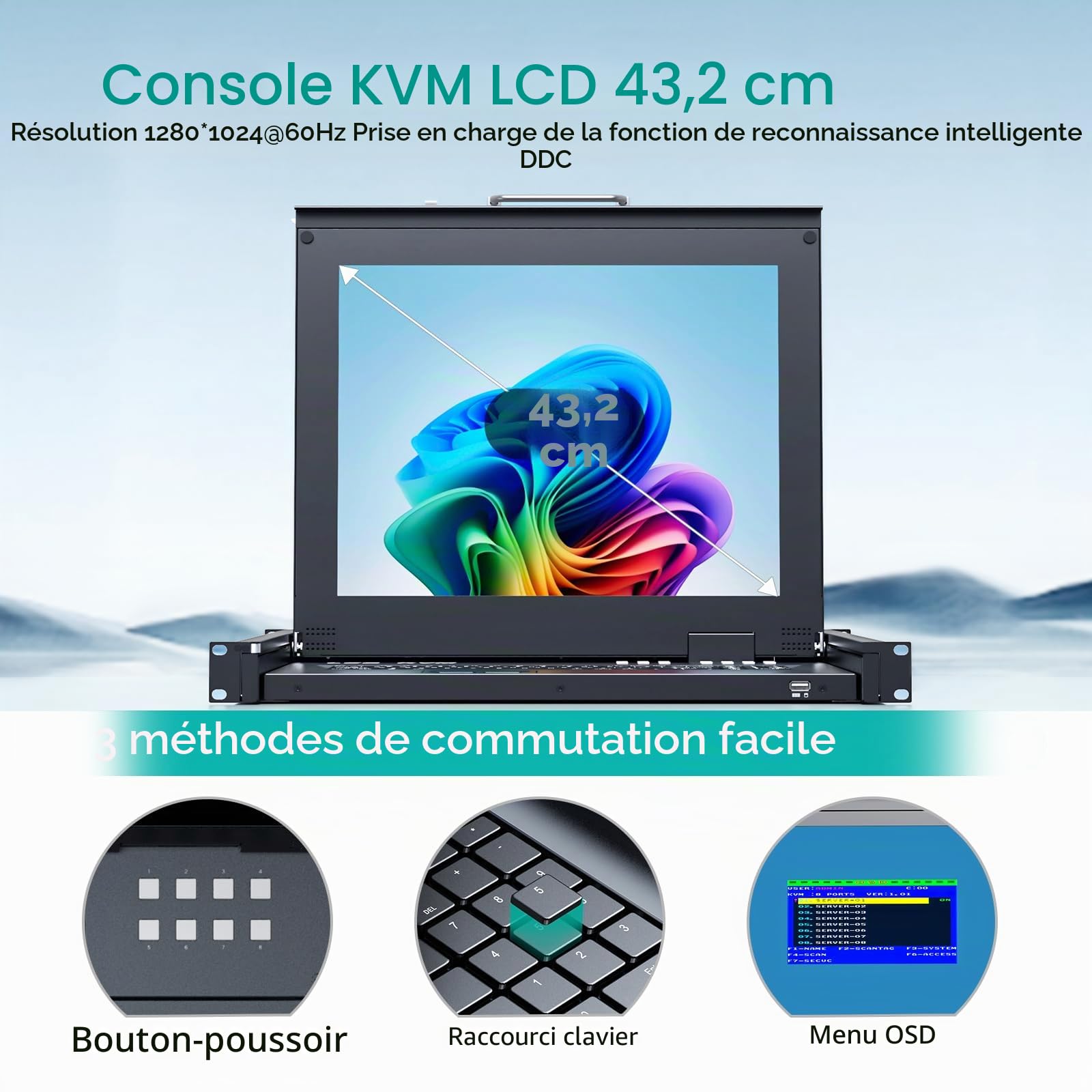 MT-VIKI 1U 17 pouces LCD Console KVM 8 ports KVM VGA Switch Rackmount avec console intégrée pour armoire 1U 600-800mm Touchpad clavier tiroir Hotkey OSD