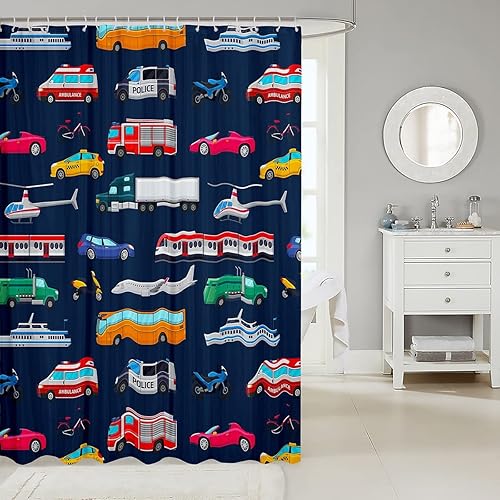 Miniatura 2 de Cortina de ducha de coche de policía para niños, cortina de baño de autobús escolar, 72 pulgadas de ancho x 72 pulgadas de largo, camión de