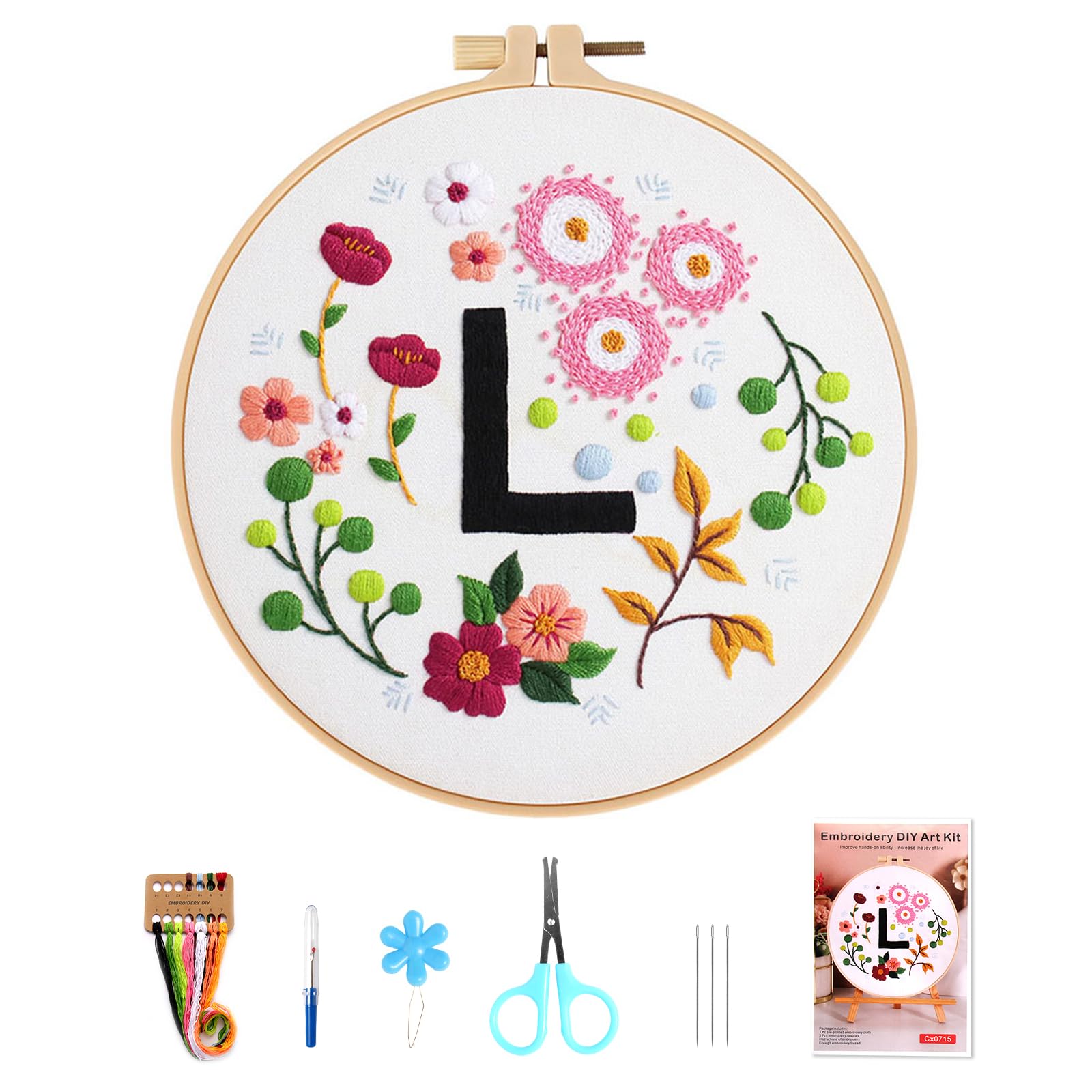 VUEJIC Beginner Embroidery Kit for Adults, Cross Stitch Kits for Adult Letter & Flower Pattern, Craft Kits for Beginners Includes Hoop, Color Floss, Tools .(L)