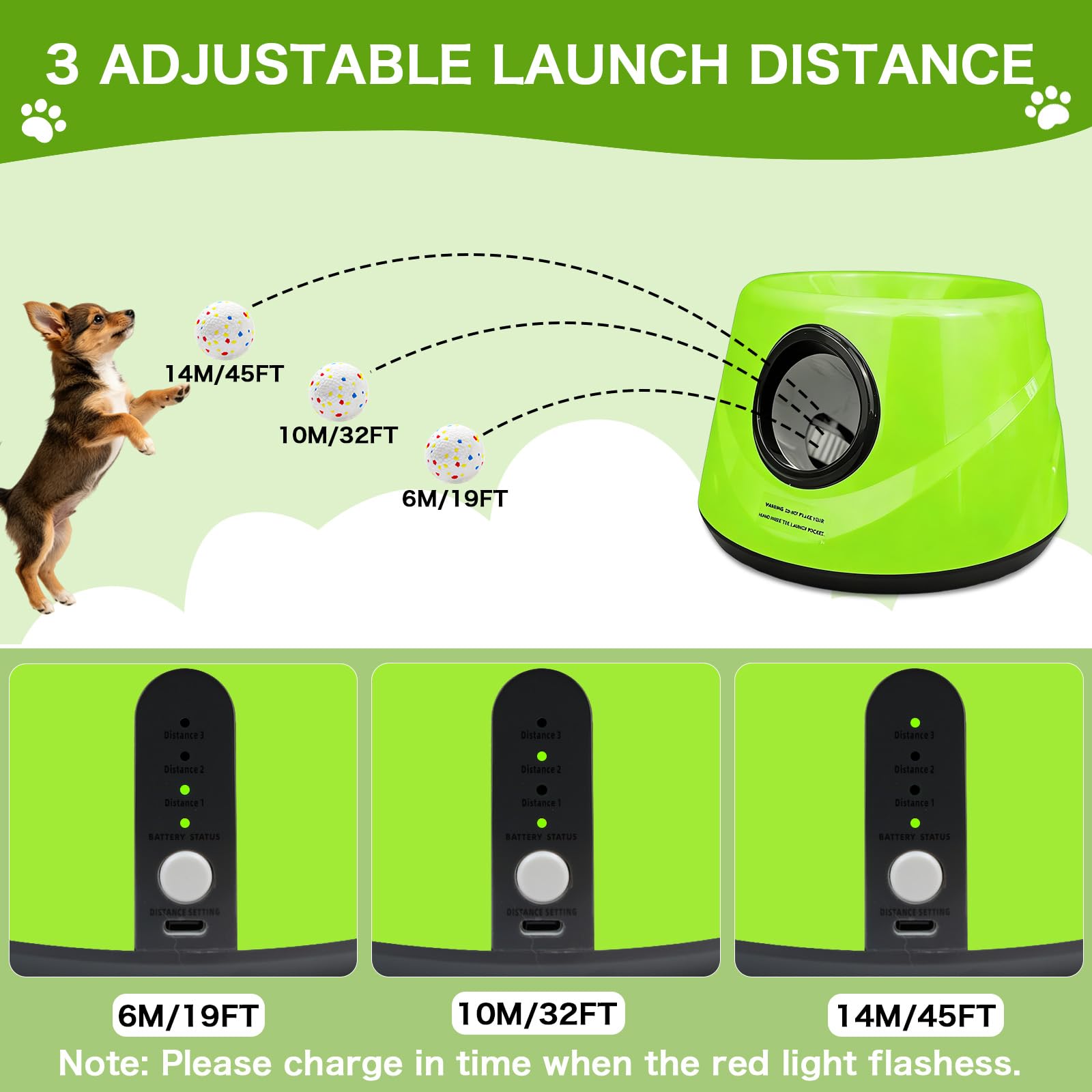 Lanzador de bolas para perros, lanzador automático de bolas para perros, juguetes interactivos para perros pequeños y medianos (interior/exterior), incluye 3 bolas ETPU, lanzador de bolas con 3