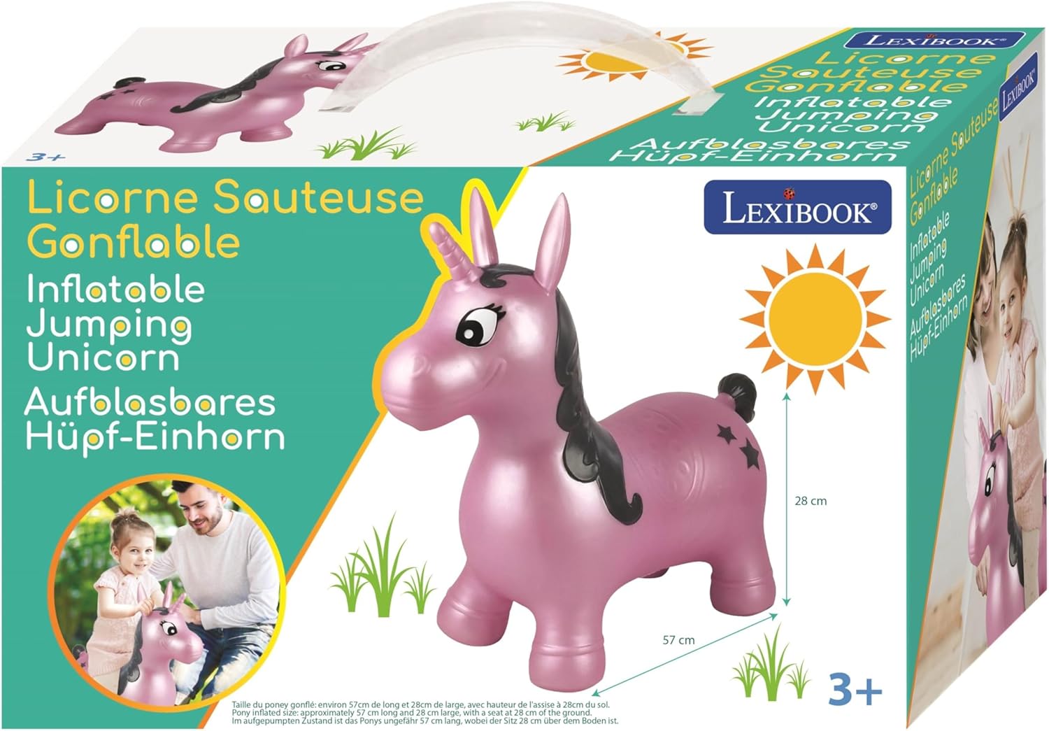 LEXiBOOK Inflatable Jumping Unicorn, for Indoor and Outdoor use, Balance and Motor Skills Development, Hand Pump Included, Safe and Resistant Plastic, Pink, BG050UNI