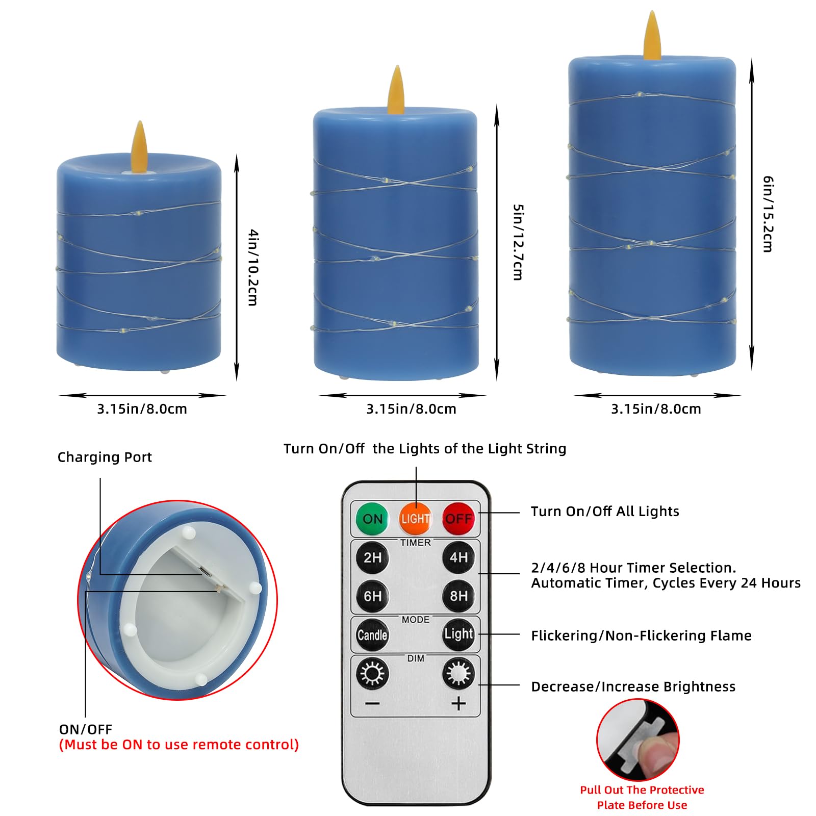 Candele LED Ricaricabili, Set da 3 con Luci a Filo Integrate, Blu | Vera Cera, Senza Fiamma, Telecomando, Timer 2/4/6/8 Ore, Effetto Fiamma Danzante, Luce Tremolante, per Casa e Matrimonio
