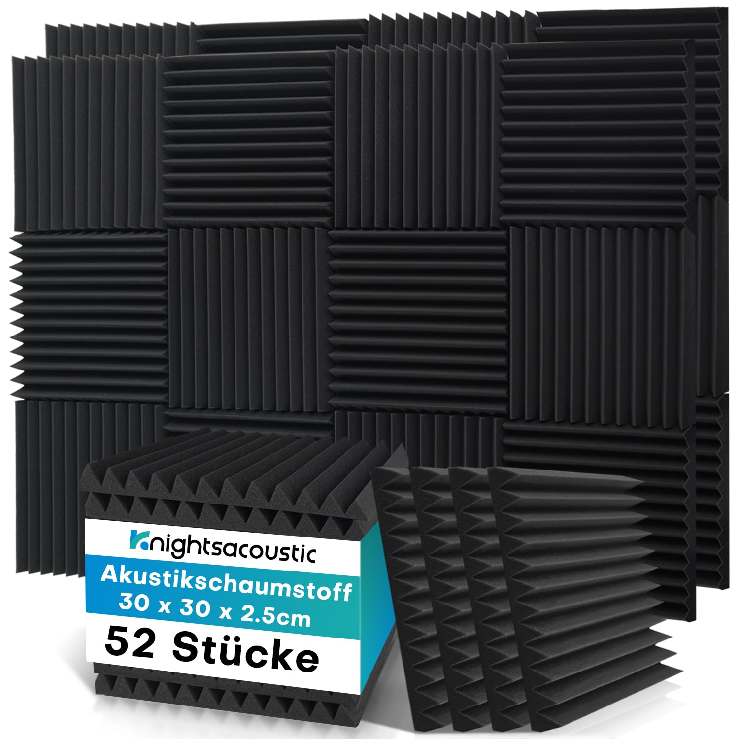 Knightsacoustic 52 Stück Akustikschaumstoff Akustikschaumplatten, 2.5 x 30 x 30CM Schalldämmung Schallabsorber Akkustikschaumstoff Schallschutz für Tonstudio, Schwarz