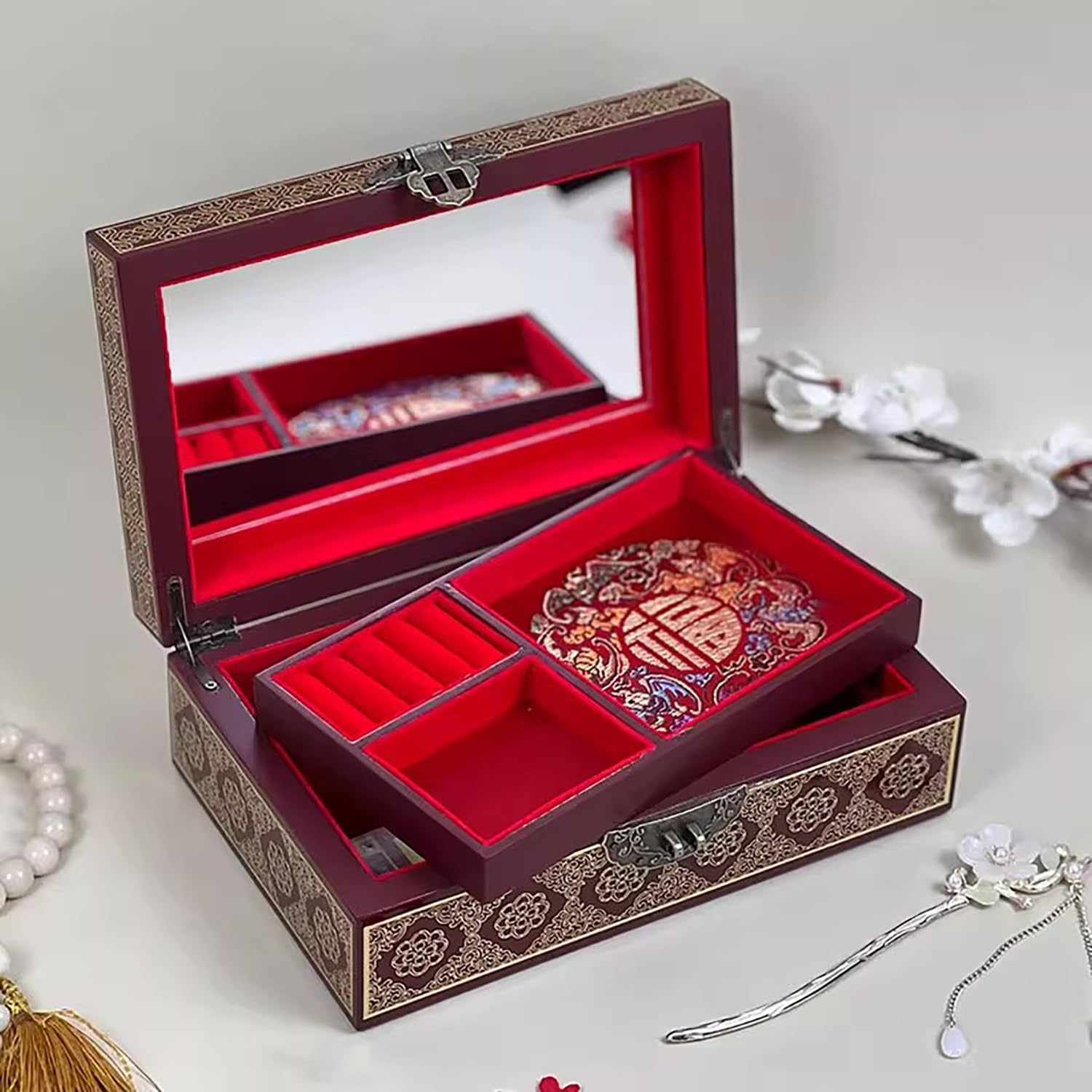 Drewniana skrzynia na biżuterię z wkładką z naturalnej muszli, organizer do przechowywania w stylu vintage, antyczne ozdobne pudełko na drobiazgi, idealna na prezenty ślubne i kolekcję biżuterii