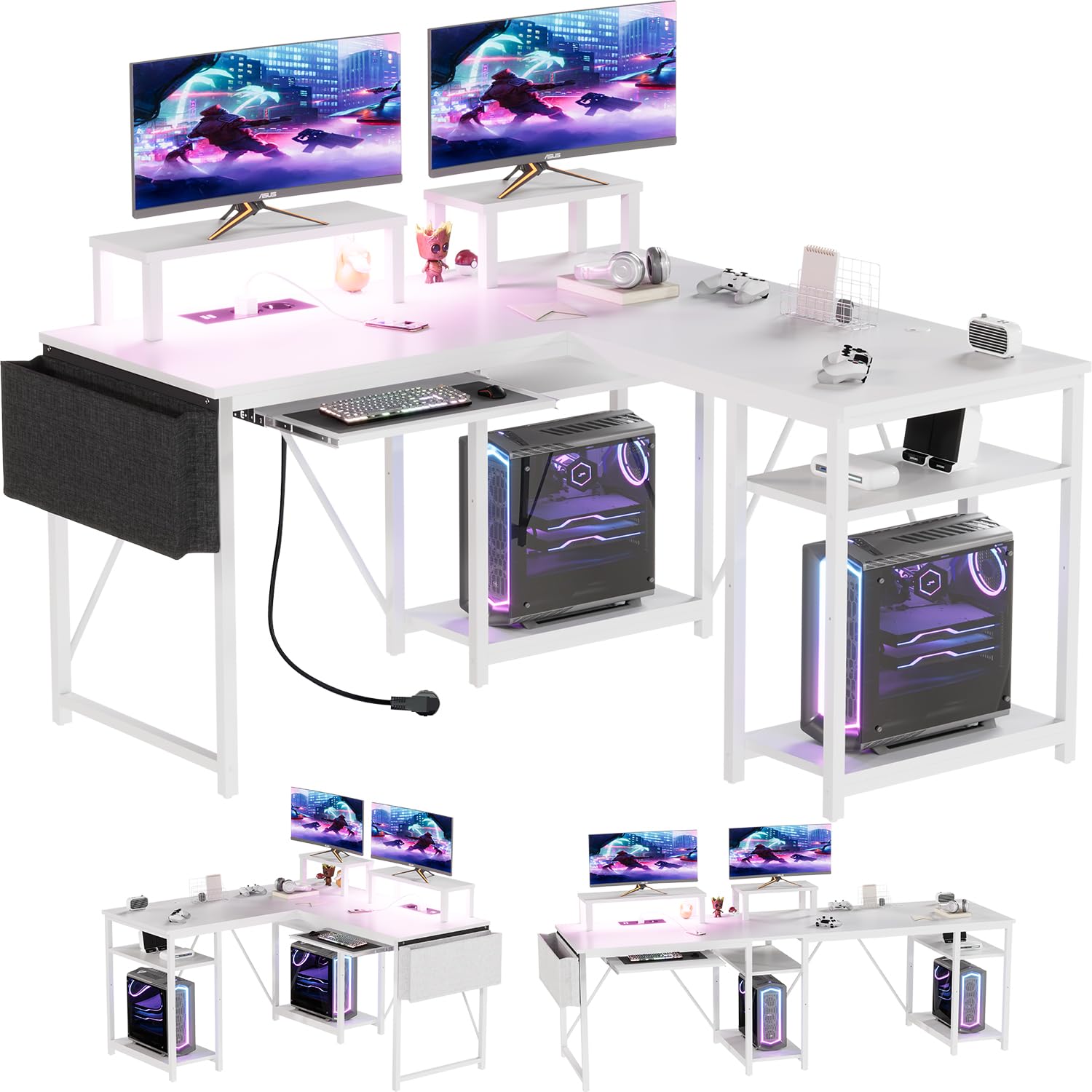 Airfish Escritorio de Esquina con Estantes y LED,Escritorio esquinero en Forma L para Gaming con Soporte para Monitor,con enchufes y Puertos de Carga USB (140x140cm,Blanco)